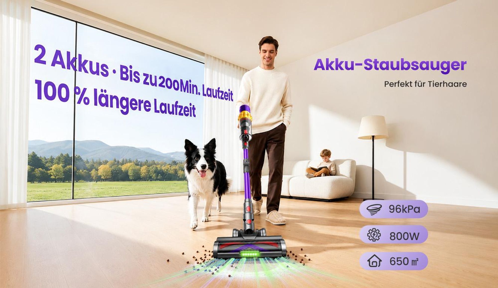 Akku staubsauger 2 Akkus 96000Pa 800W/200Min handstaubsauge 2,6L Staubsauger Kabellos,50dB leise/14-Stufen-Filter/OLED Display,Ideal für Böden/Teppich