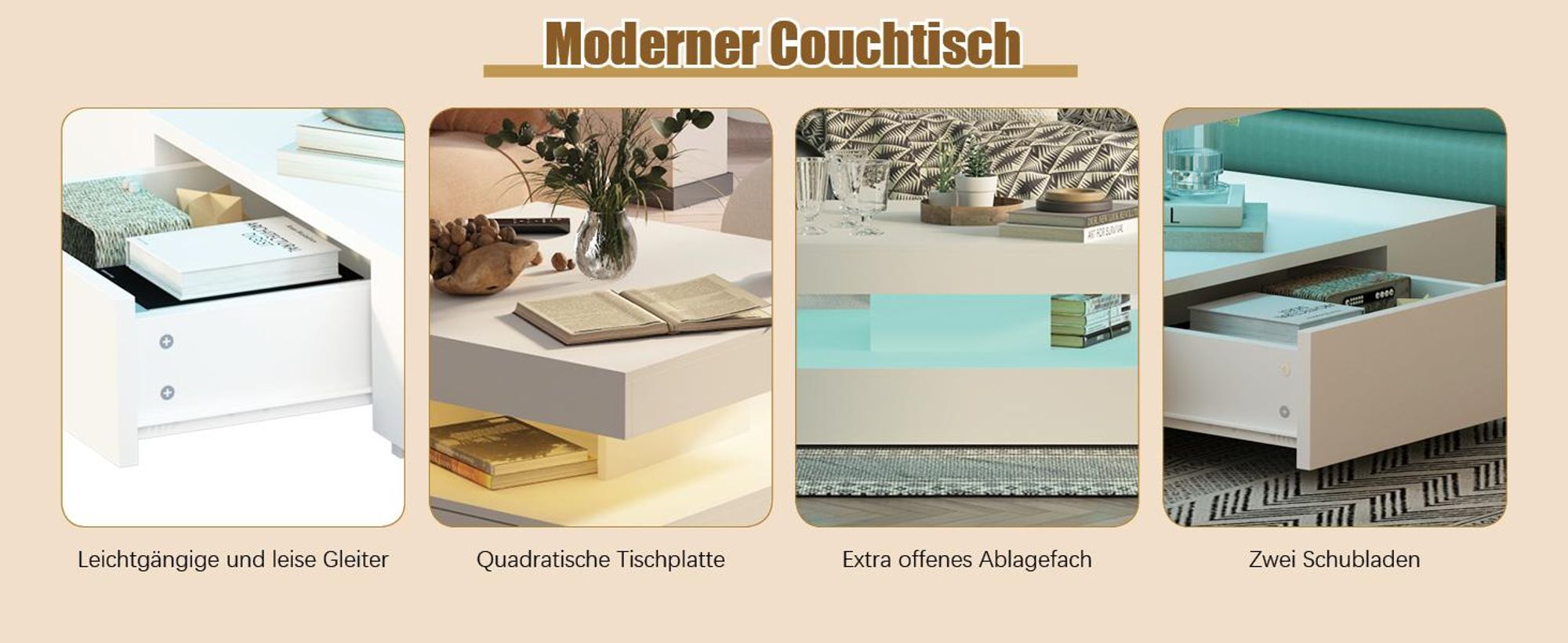 Radelldar Wohnzimmertisch mit 2 Schubladen, mit LED und Verstecktem Stauraum, matt 78x78x40cm, Weiß