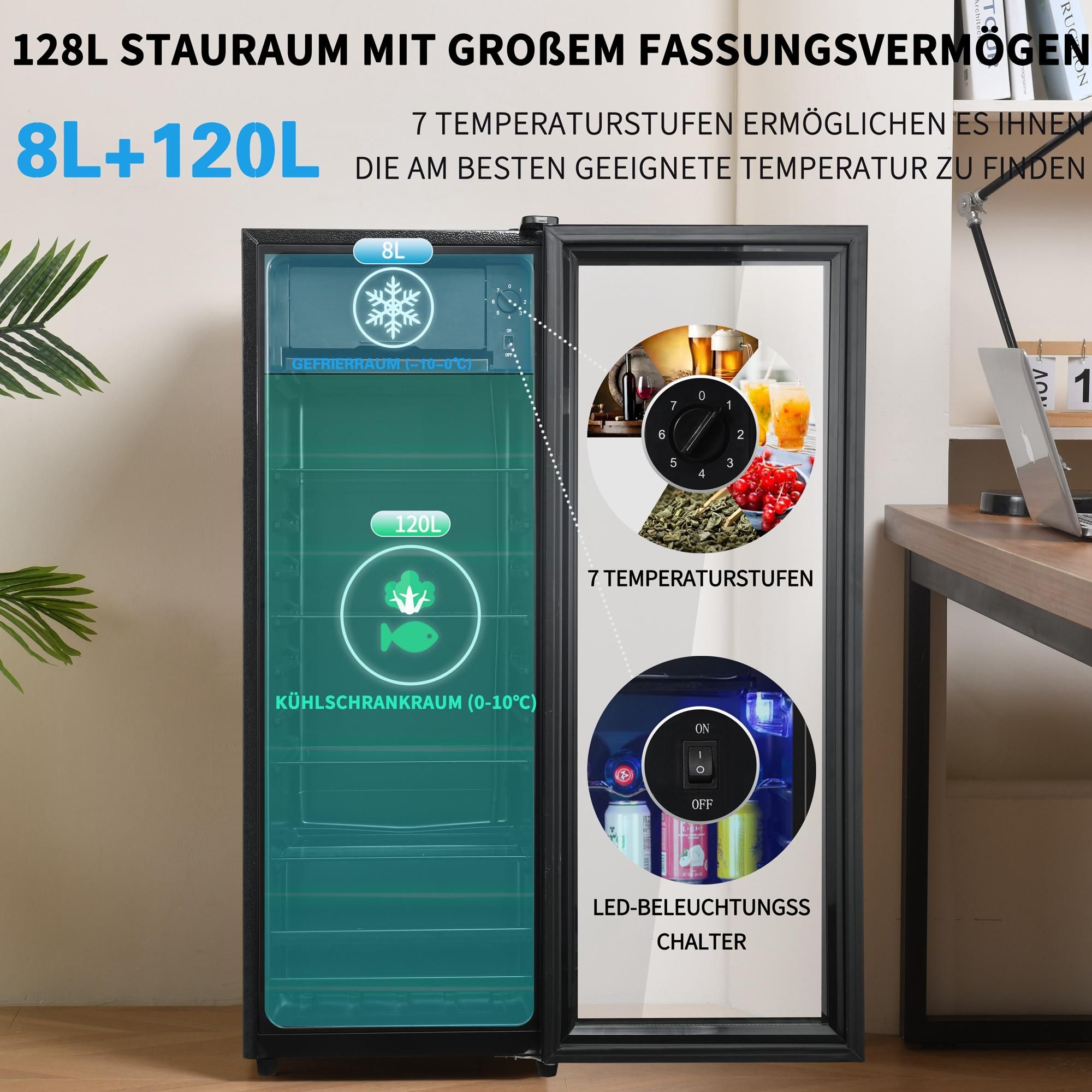 Merax Table Top Kühlschrank 128L mit Gefrierfach und Glastür, Flaschenkühlschränke mit LED-Beleuchtung und verstellebare Ablage, Getränkekühlschrank 110cm Kühl- und Gefrierfunktion, freistehend