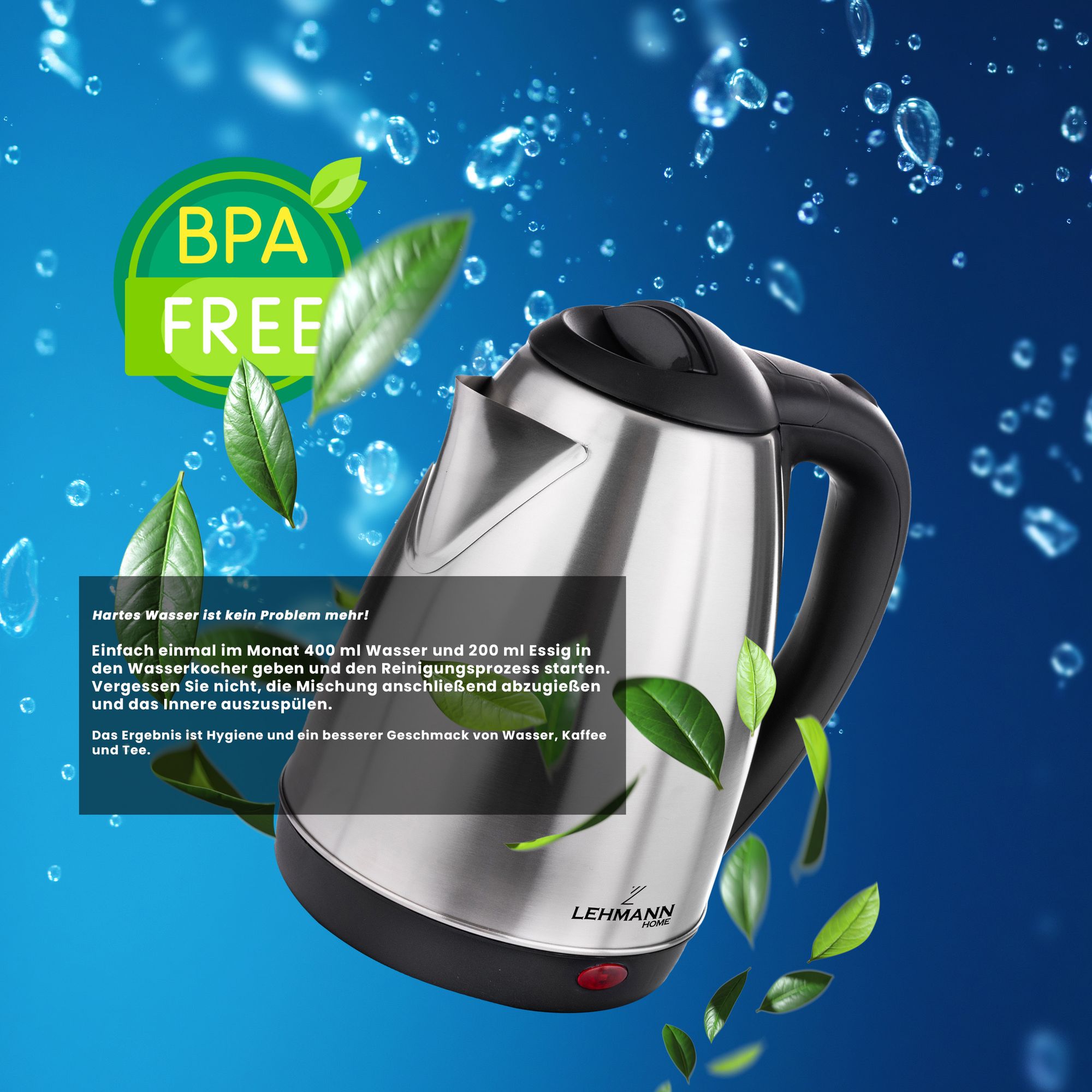 Lehmann Edelstahl Wasserkocher 1,8 L, 2200 W elektrischer Wasserkocher, für Babynahrung, Tee, Kaffee, Abschaltautomatik und Überhitzungsschutz