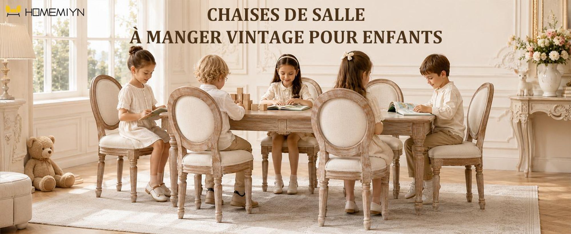 2 Chaises Enfant Bois, Assise Rembourrée, Beige, Dès 3 Ans Chaise de bureau enfant de style vintage français, chaise médaillon, design ergonomique