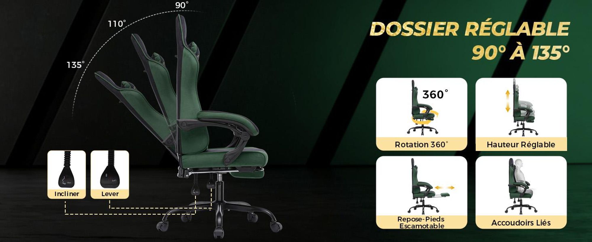 Chaise de gaming GTPLAYER, ergonomique, avec revêtement en tissu, coussin de siège à ressort, accoudoirs réglables et repose-pieds, capacité de poids de 150 kg, couleur : gris