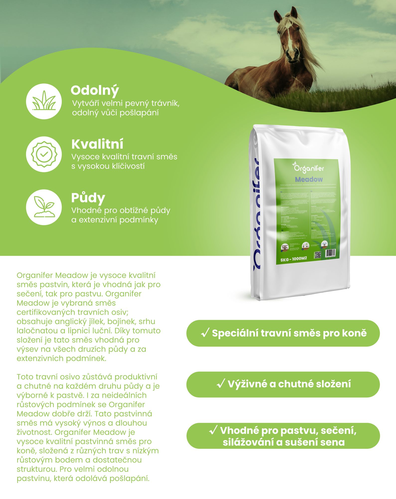 Pastvinné Travní Osivo Meadow – Speciální pro koně a drobný dobytek (15 kg pro 3000 m2) - Organifer