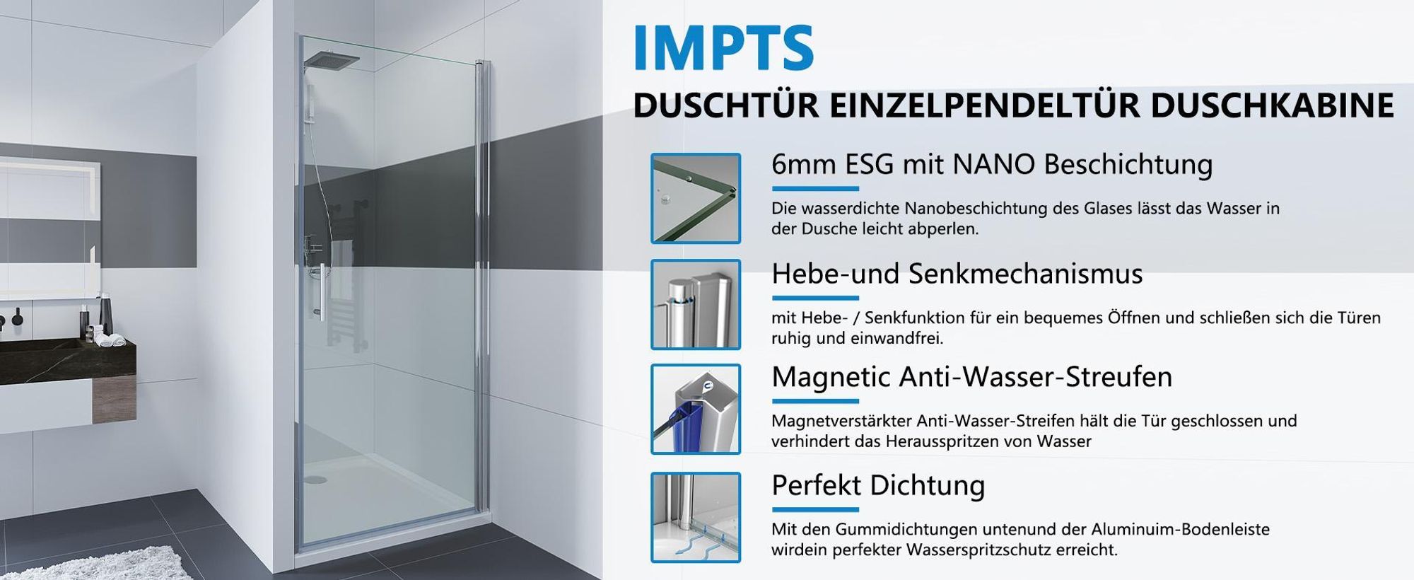 Duschtür 75cm Pendeltür Dusche Nischentür Drehtür Einzeltür Duschabtrennung Glas Schwingtür Nische,195cm Höhe