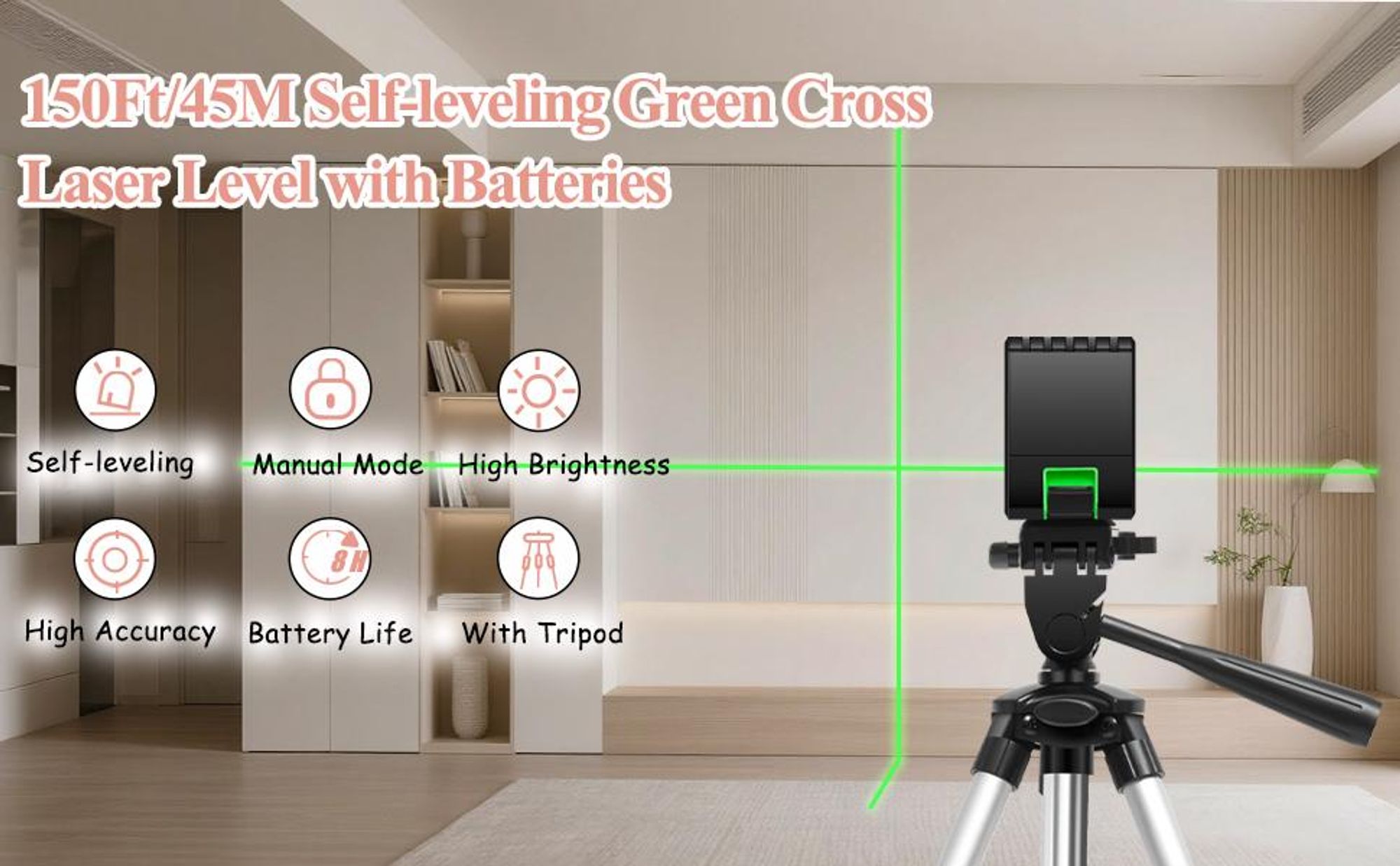Kreuzlinienlaser mit Stativ, 2-Linien Laser Level Grüne Laser Kreuzlinie, Selbstnivellierung, IP54 Wasserdicht, mit 2 Batterien Laser-Wasserwaage