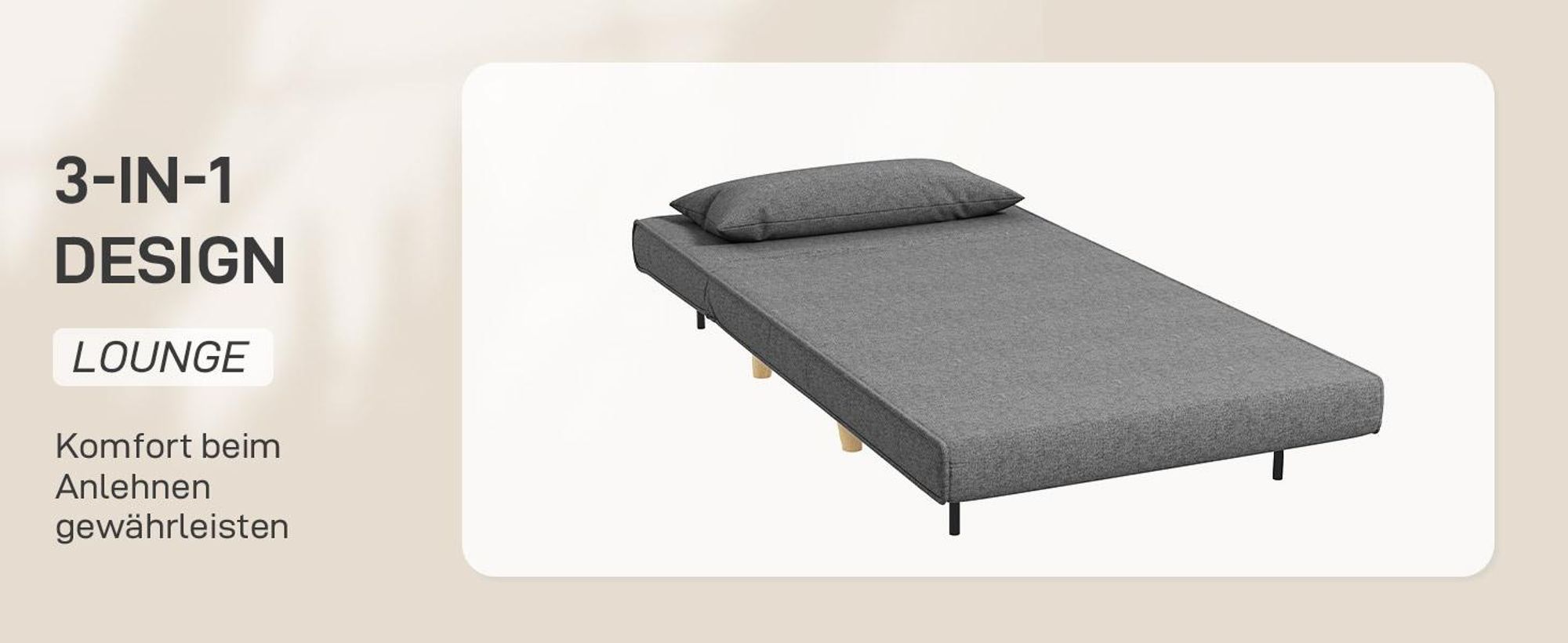 HOMCOM Einzelsofa Schlafsofa Sofabett Klappsofa verstellbar Rückenlehne Liege nordisch skandinavisch 25D Schaumstoff Haus Leinenimitat Tannenholz Grau 94 x 78 x 80 cm