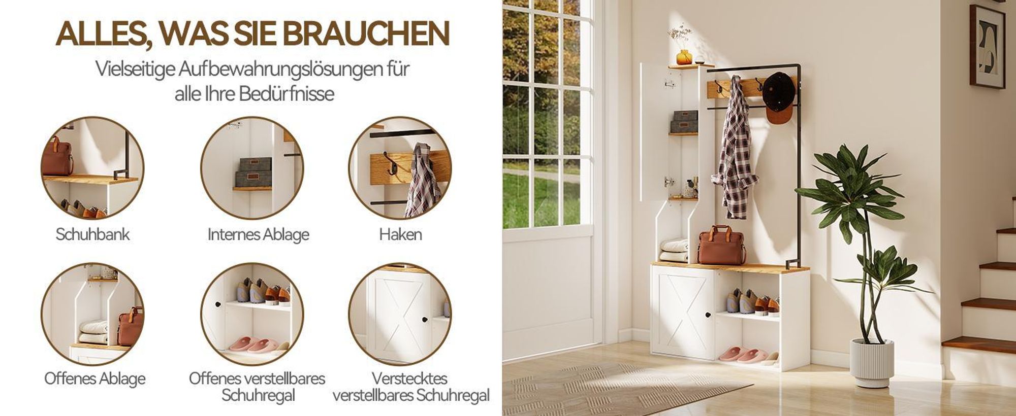 Puluomis Garderobe mit Spiegel & Schuhbank, Multifunktions-Kleiderständer mit Aufbewahrungsregal, 4 Doppelhaken, verstellbarem Schuhregal, 90cm weiß