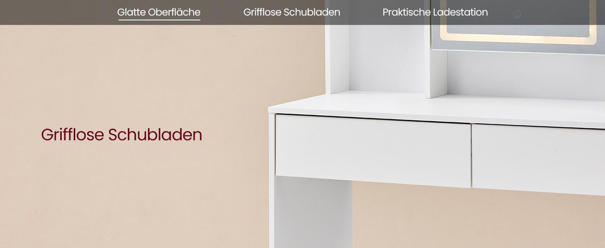 VASAGLE Frisiertisch mit Spiegel und LED-Beleuchtung, Steckdosenleiste, 3 Lichtfarben, mit verstellbaren Ablagen, weiß