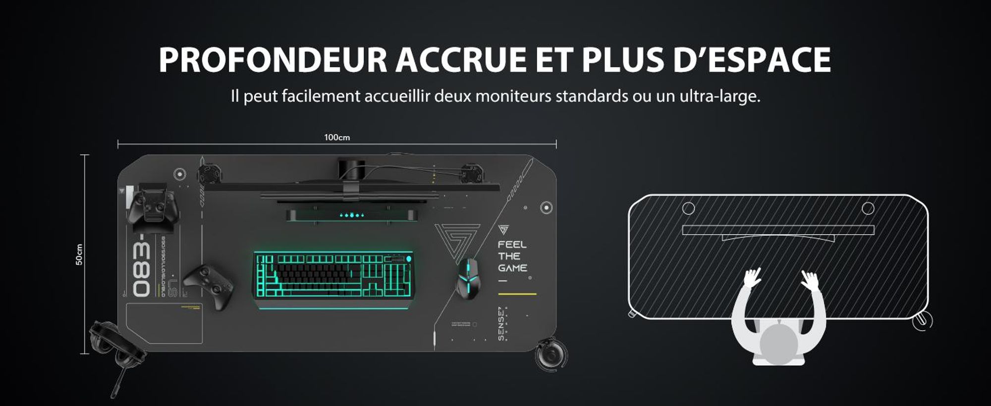 SENSE7 Nomad Table de jeu cybernétique Bureau 100 x 50 cm Tapis de souris XXL Table d'ordinateur Table PC Bureau de gamer Petit bureau Chambre d'ado Configuration PC