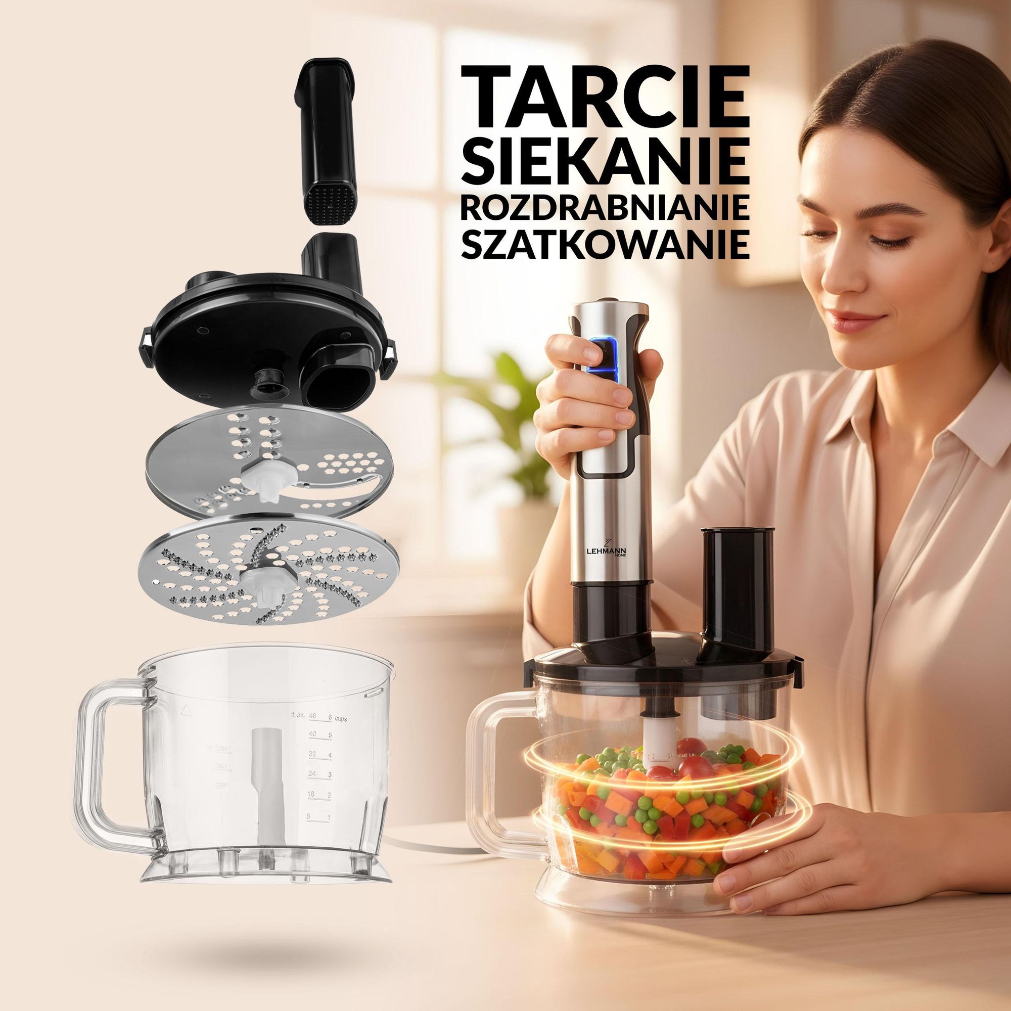 Blender ręczny TURBO 1200W LEHMANN CHOPSUI mikser, blender ze stali nierdzewnej trzepaczka,, trzepaczka zestaw 9w1, tarcze do ścierania ziemniaków