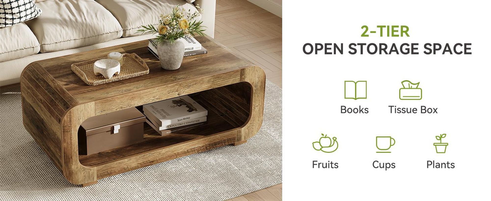 120 cm Couchtisch mit offenem Stauraum, rechteckiger Akzenttisch, niedriger Cocktail- und Teetisch für Homeoffice und Wohnzimmer, rustikales Braun