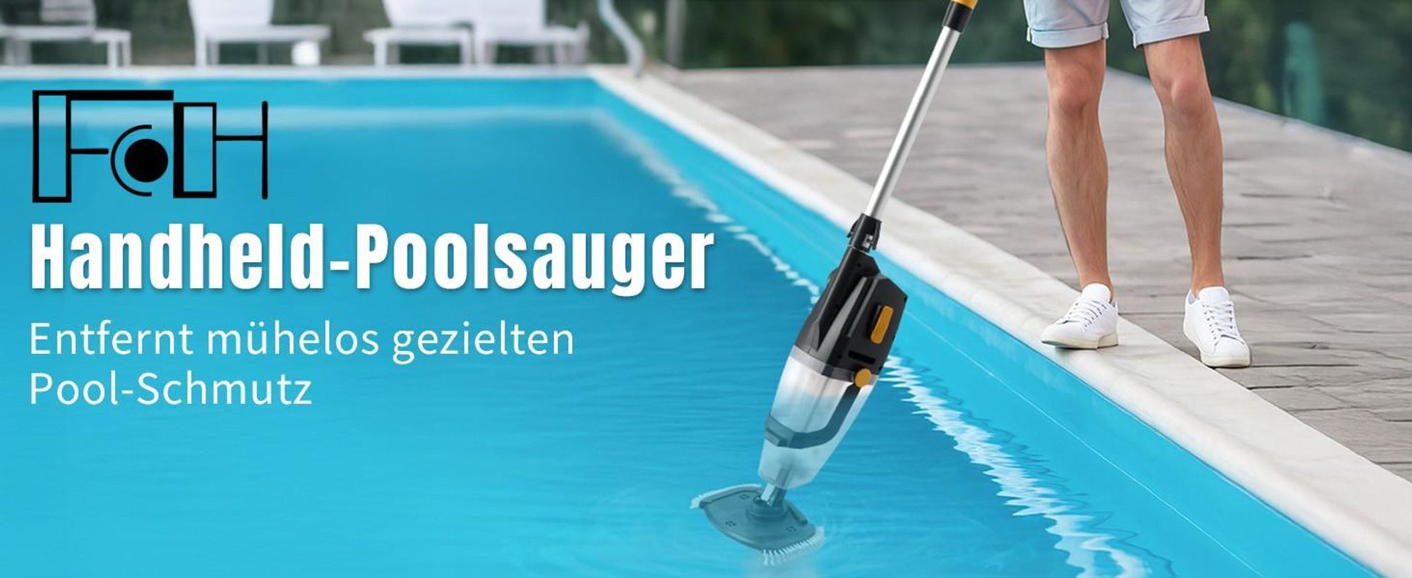 FCH Poolsauger, Kabelloser Akku Poolsauger mit Teleskopstange, Starke Saugkraft, Lange Laufzeit, 33W, Orange