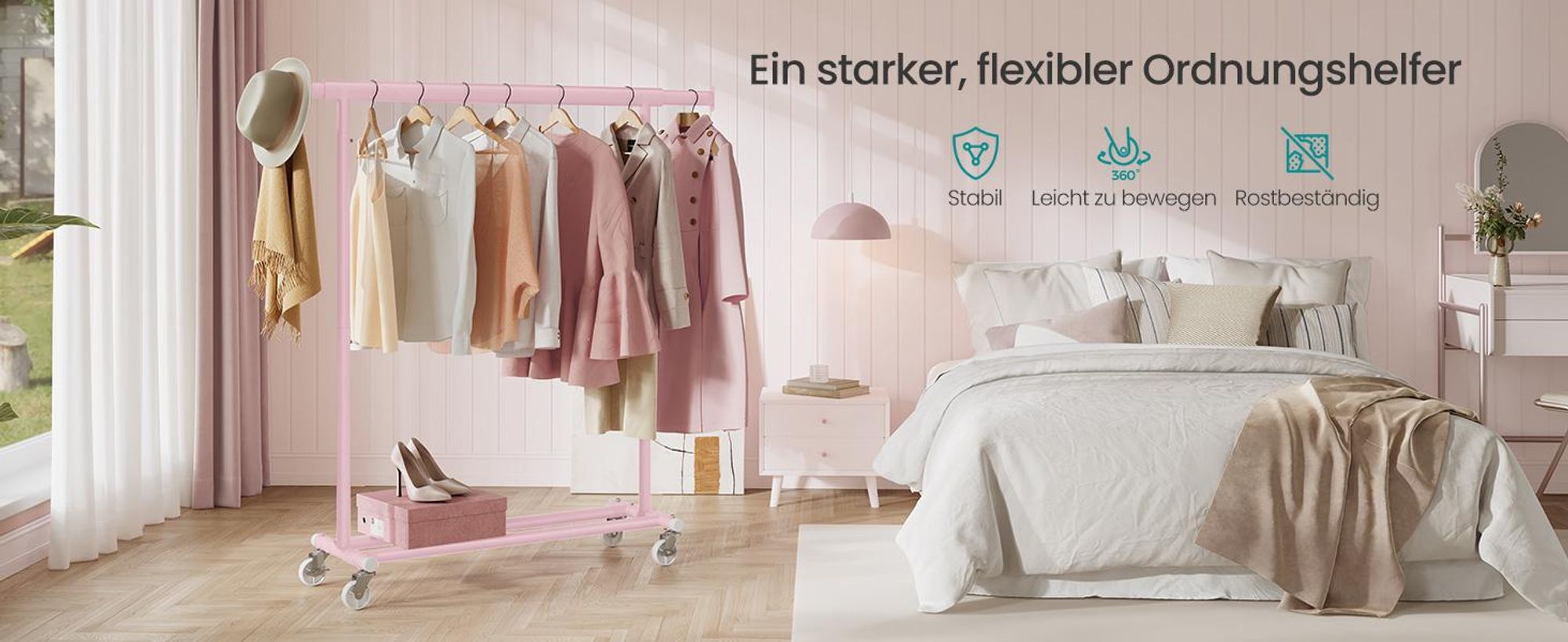 SONGMICS Kleiderständer auf Rollen, Garderobenständer, ausziehbare Kleiderstange