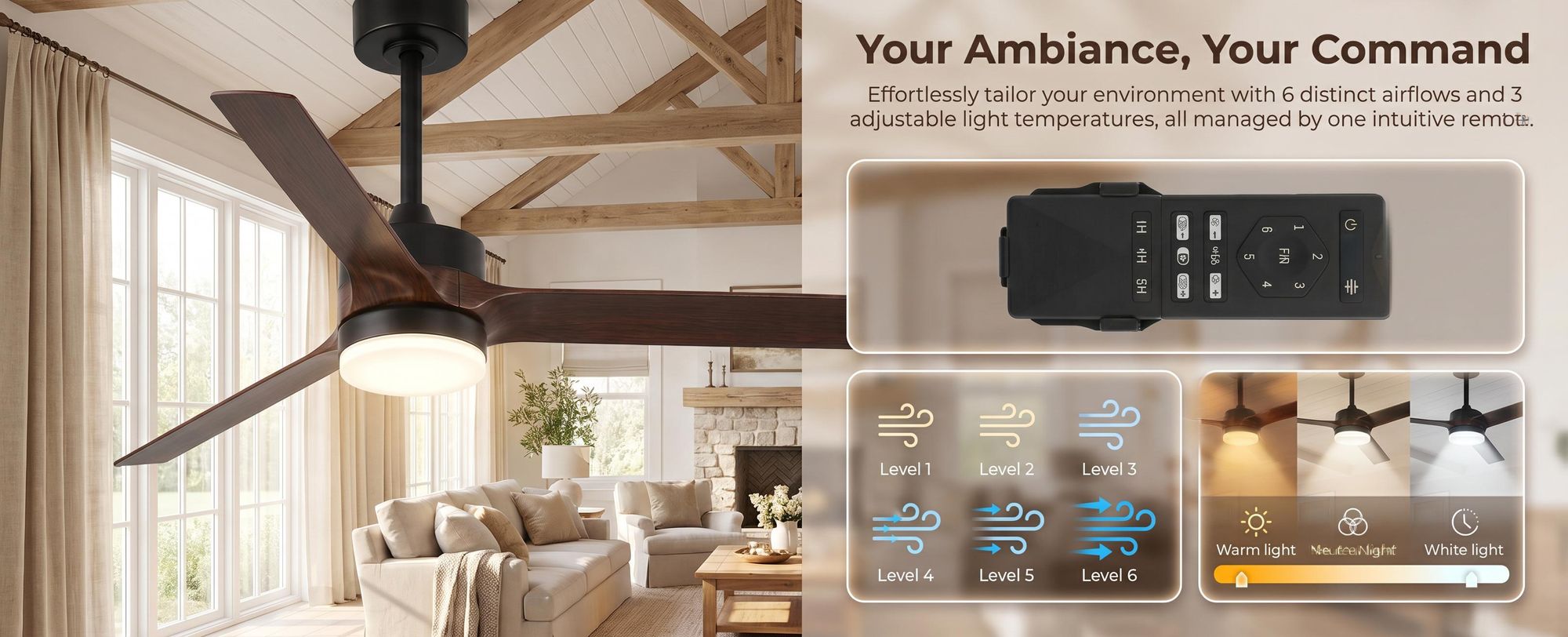 Ventilateur de plafond Tribesigns avec éclairage et télécommande, éclairage LED de 130 cm à intensité variable, ventilateur réversible, moteur CC silencieux, salon, cuisine