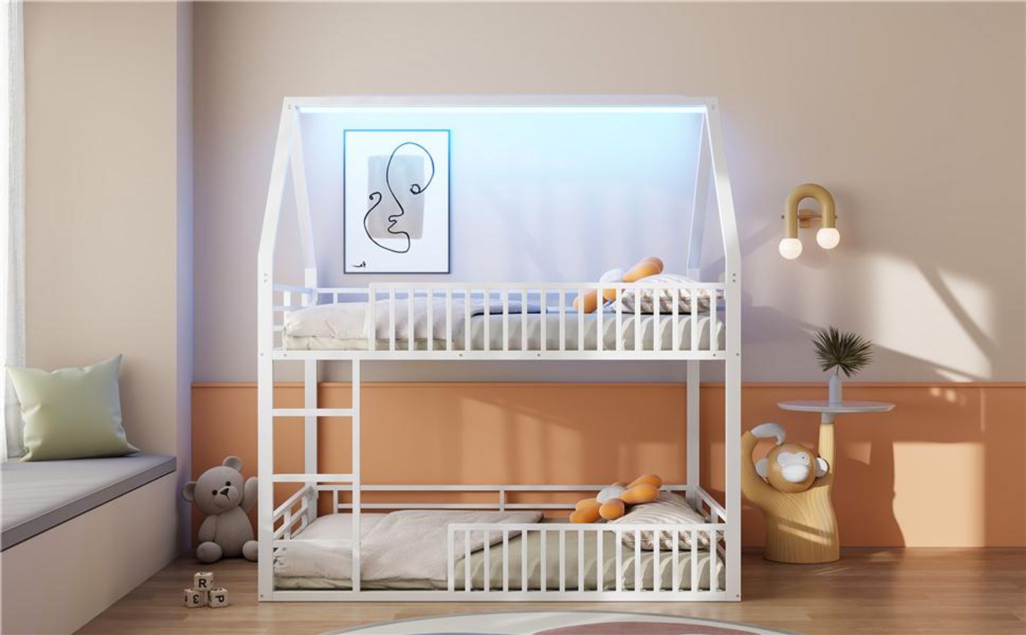 Merax Etagenbett 140x200 cm, Kinderbett mit Zaun, LED-Licht, Dachdesign Stockbett, Hochbett, Bodenbett, Eisenbett Jugendbett, Weiß