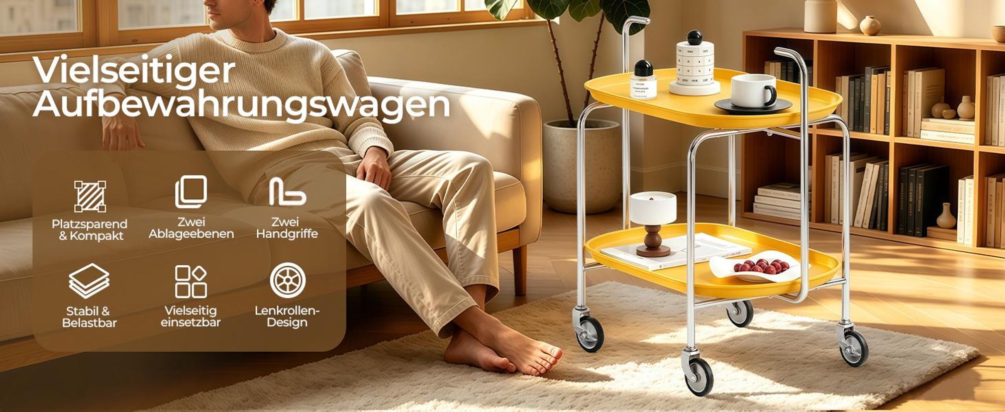 Küchenwagen mit Rollen 3 Etagen, Servierwagen Rollwagen, Mobiler Aufbewahrungswagen mit Griff, 360° Rollen und Bremsen, Gelb
