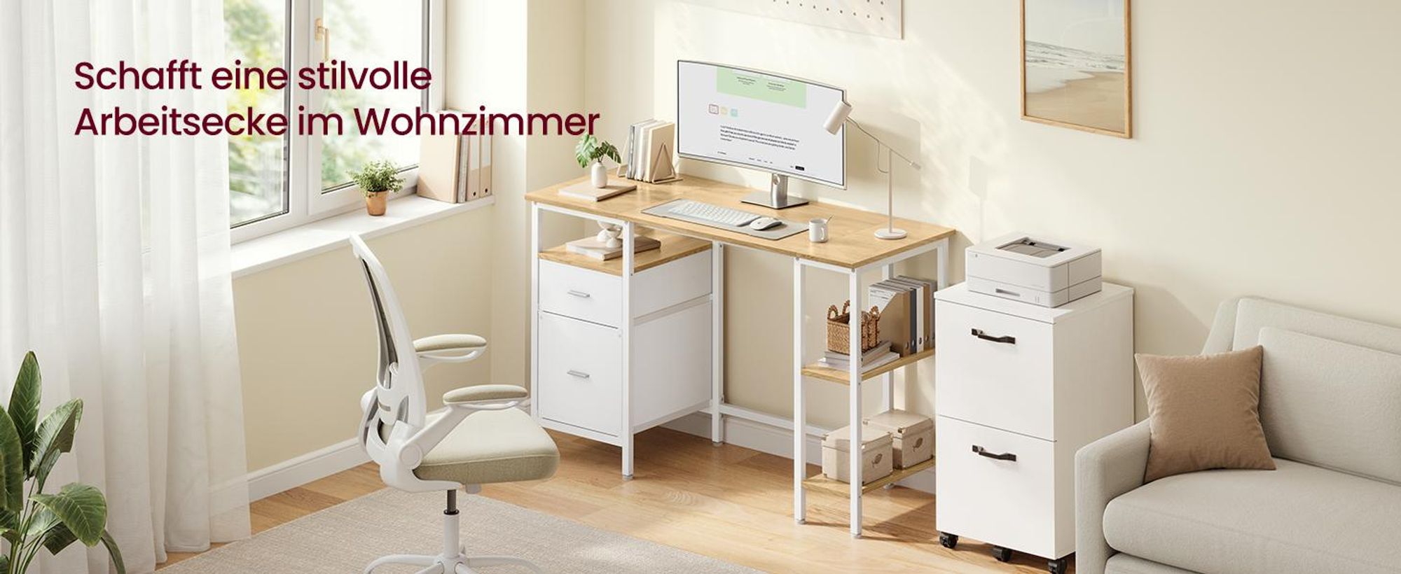 VASAGLE Schreibtisch mit 3 Ablagen, Bürotisch mit 2 Schubladen, 127 x 50 x 76 cm, moderner Stil, eichenfarben-weiß