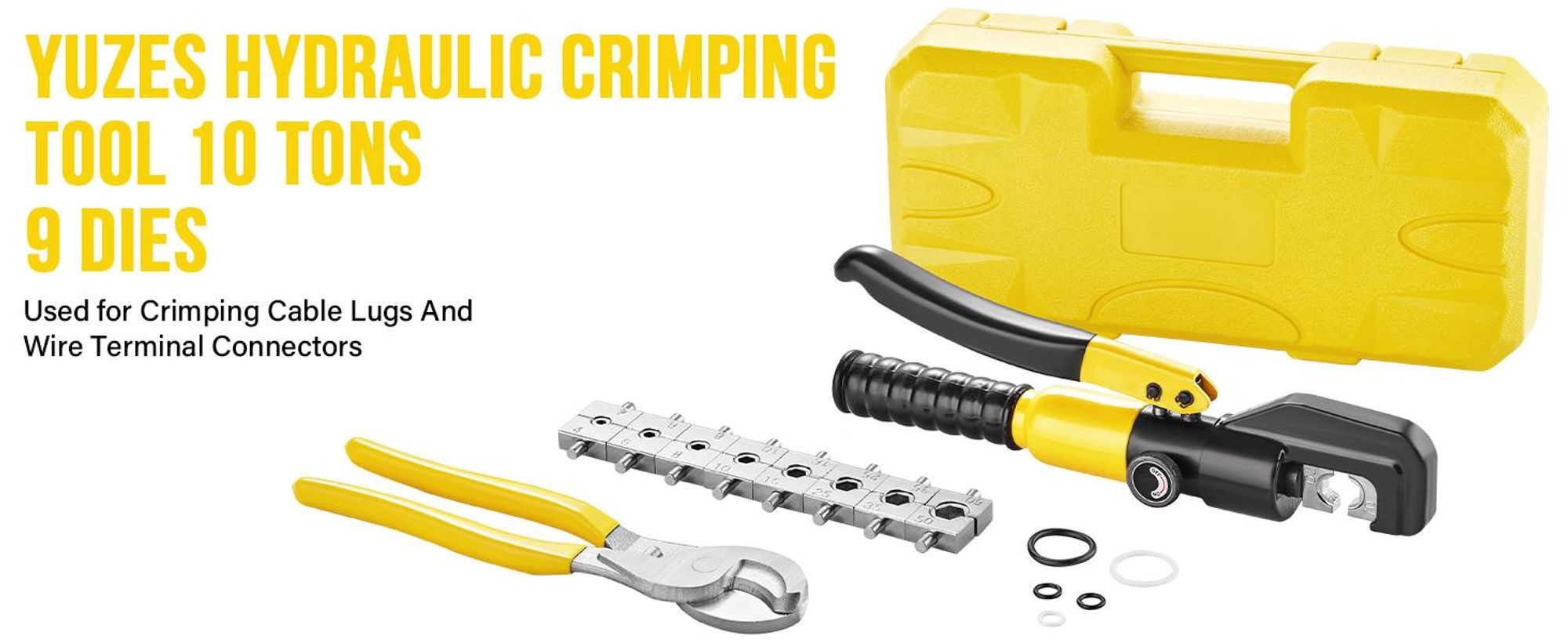 TEENO Pince à sertir hydraulique 10T et coupe-câble – 12 à 2/0 AWG – Pince à sertir manuelle pour bornes électriques et fils – Kit avec 9 matrices