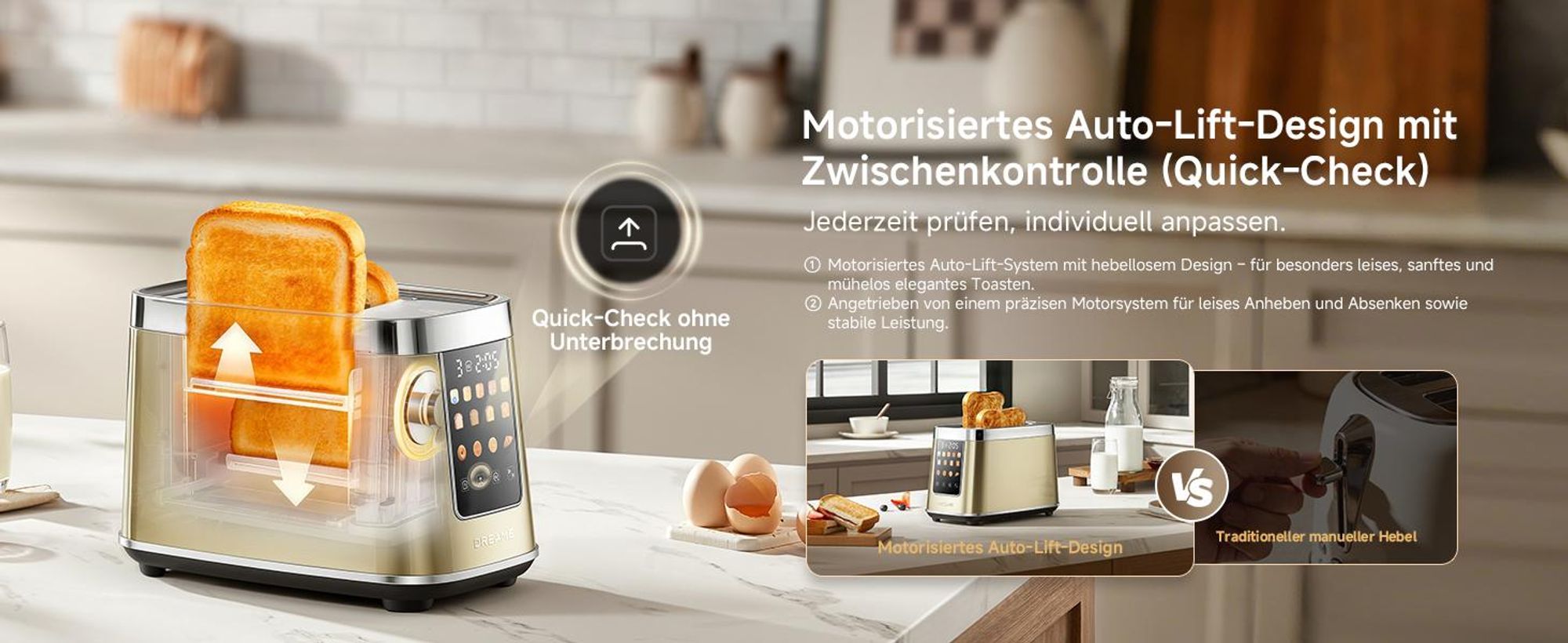 Dreame Smart Toaster 2 Scheiben,5,3-Zoll-IMD-Touchscreen,Motorisiertes Auto-Lift-Design,8 Brotprogramme&6 Bräunungsstufen,3 praktische Funktionen,Gold