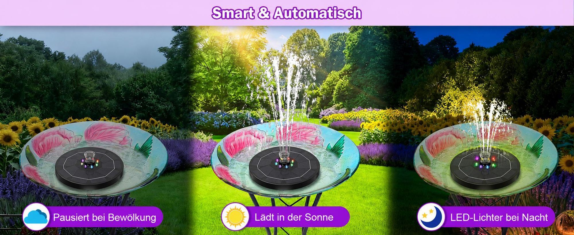 LED Solar Springbrunnen, Solar Teichpumpe mit Solar Panel, Solar Teichpumpe Wasserpumpe Solar Schwimmender Fontäne Pumpe für Garten, Vogel-Bad