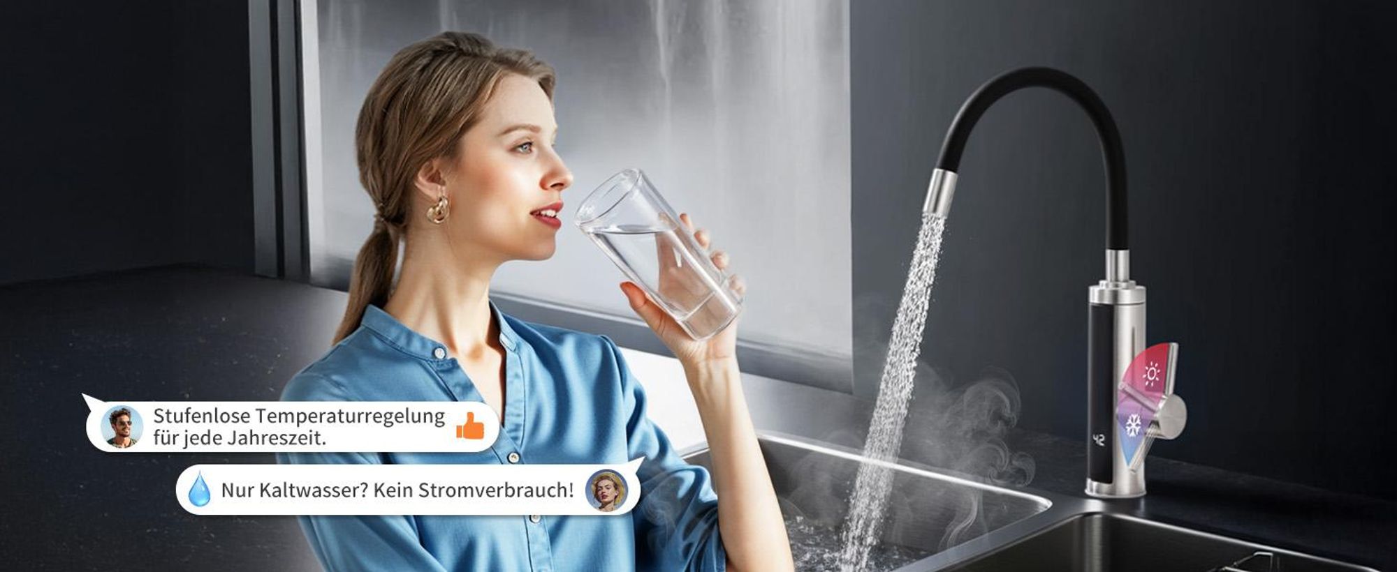 Homelody Elektrischer Wasserhahn mit Durchlauferhitzer 220V 3300W, Armatur Küche 304 Edelstahl mit 360° Flexibler Schlauch LED Temperaturanzeige