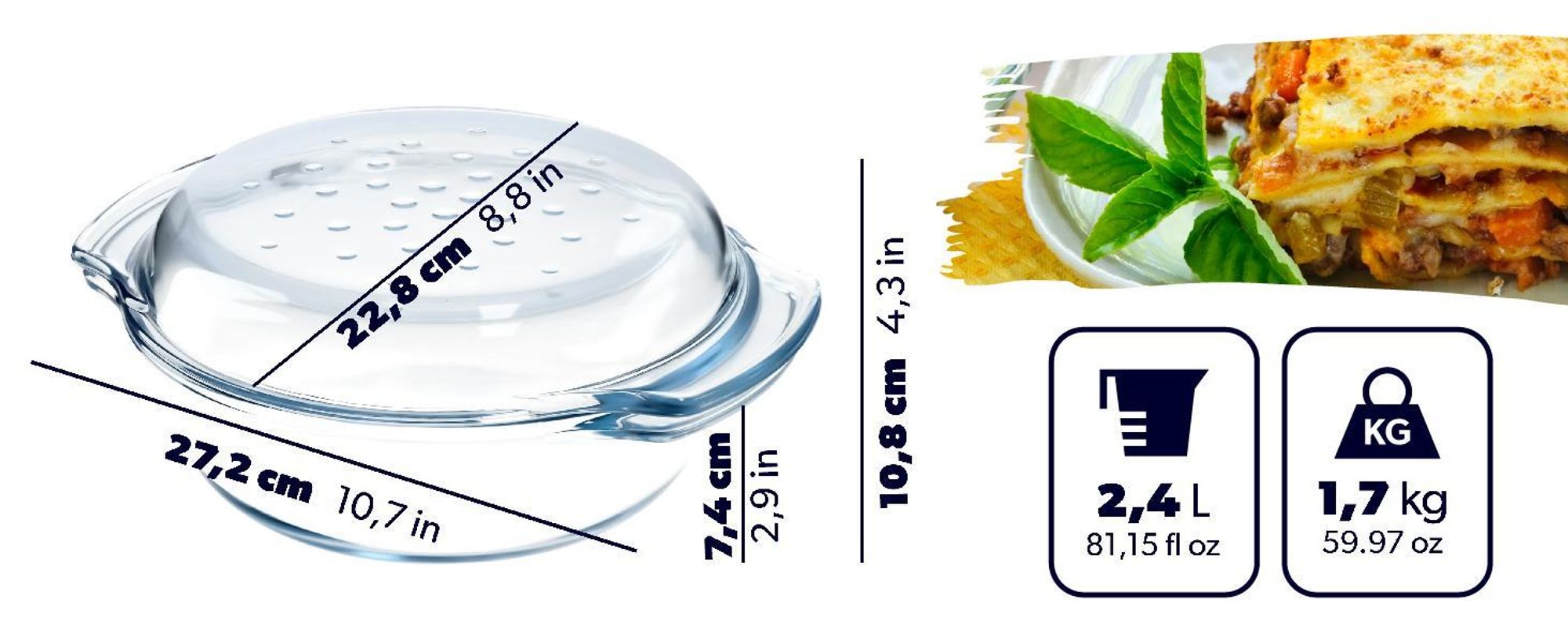 KADAX Auflaufform aus hitzebeständigem Glas "Backe", Glasbräter mit Deckel, transparent, rund, 2.4L