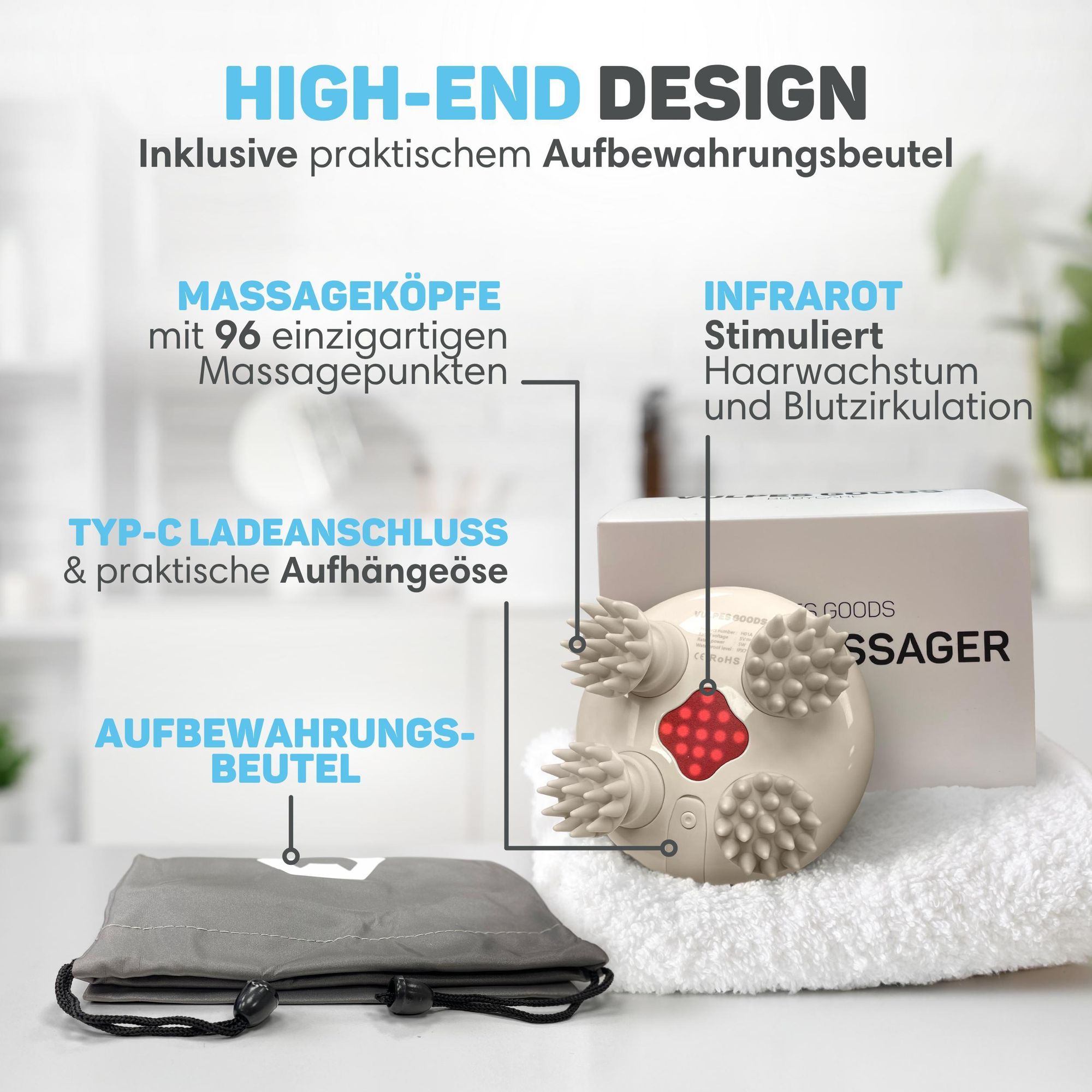 Vulpes Goods Kopfmassagegerät, Elektrisches Massagegerät, Verbesserte Blutzirkulation mit Infrarot-Wärme, Kopfhautmassagegerät, USB aufladbar