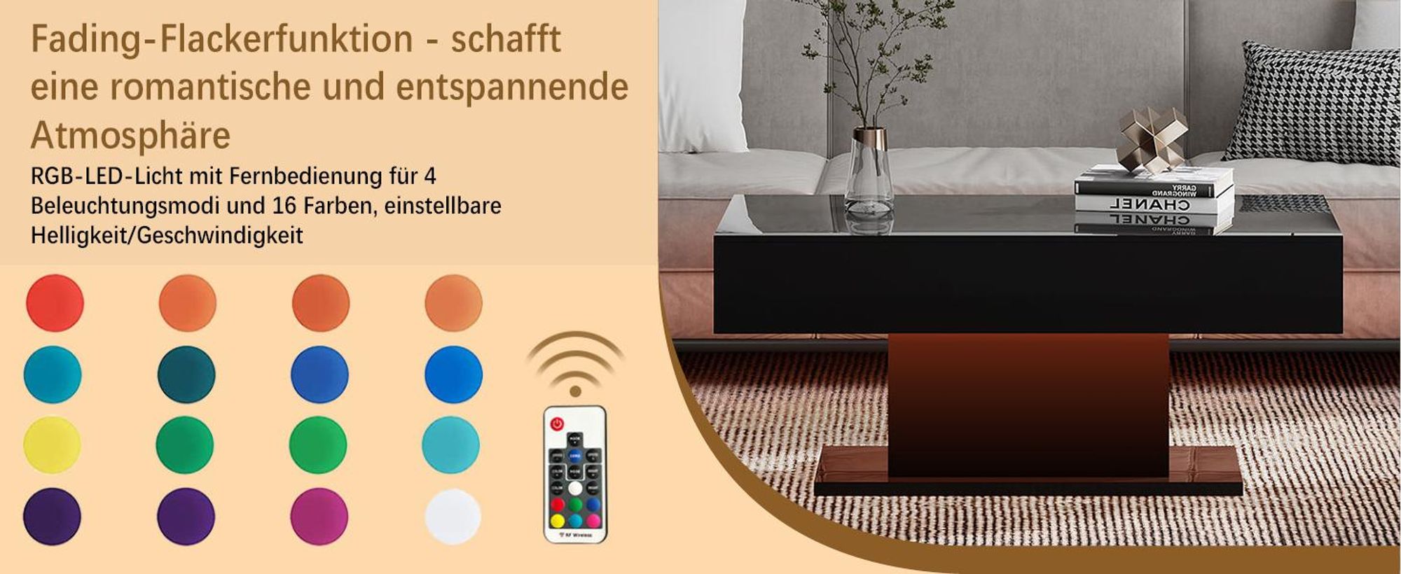 Radelldar Modern Couchtisch Wohnzimmertisch Hochglanz mit Beleuchtung, USB, 110x55x50cm, Schwarz
