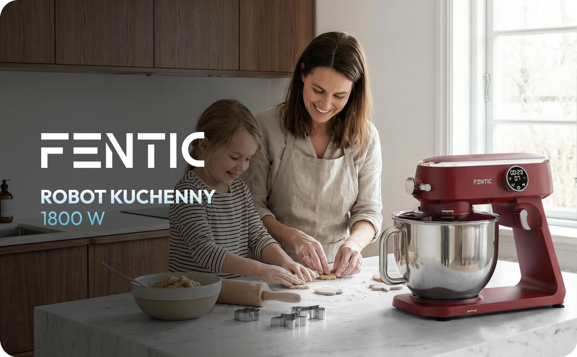 Fentic Robot Kuchenny 1800W, Misa nierdzewna 7L, Mikser planetarny do ciasta na chleb i pizzę, 10 prędkości z timerem & osłona przeciwbryzgowa