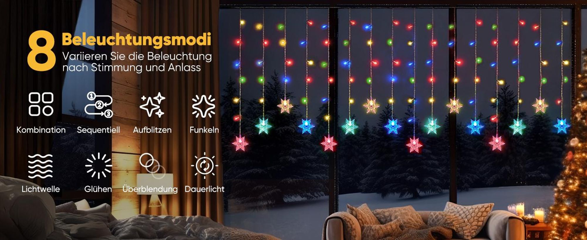LED Schneeflocke Lichterkette Bunt Lichtervorhang 8 Lichtmodi Innen Party Garten Fenster Weihnachten Beleuchtung