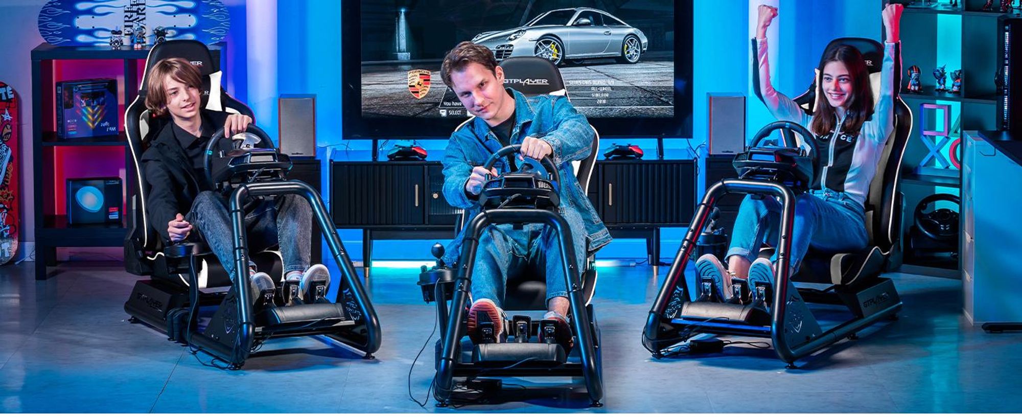 GTPLAYER simulateur de cockpit, SIM racing cockpit, simulateur de course support de volant fauteuil gaming racing wheel stand avec haut-parleur bluetooth et repose pédale