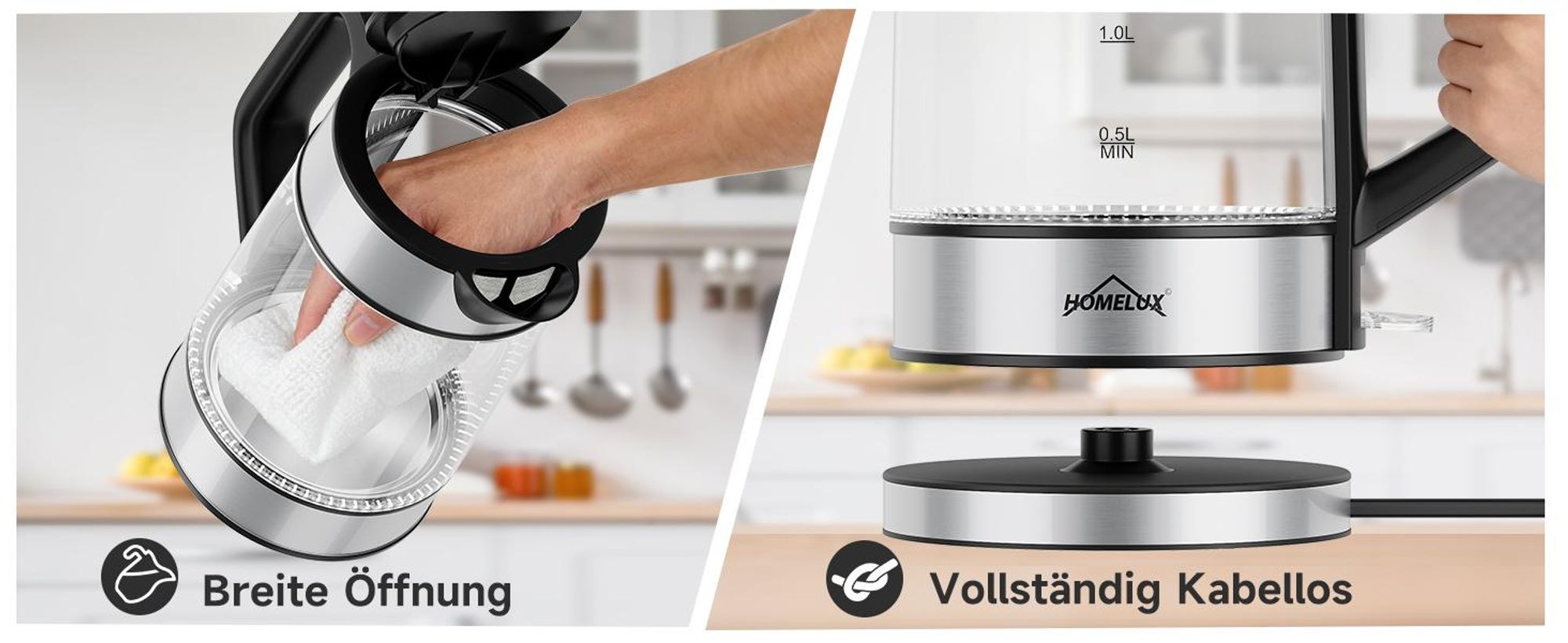 Wasserkocher Glas, 1.7 Wasserkocher Glas Mit Temperatureinstellung, 2200 Watt Kettle Durchsichtig Mit 360° Basis,Led-Beleuchtung
