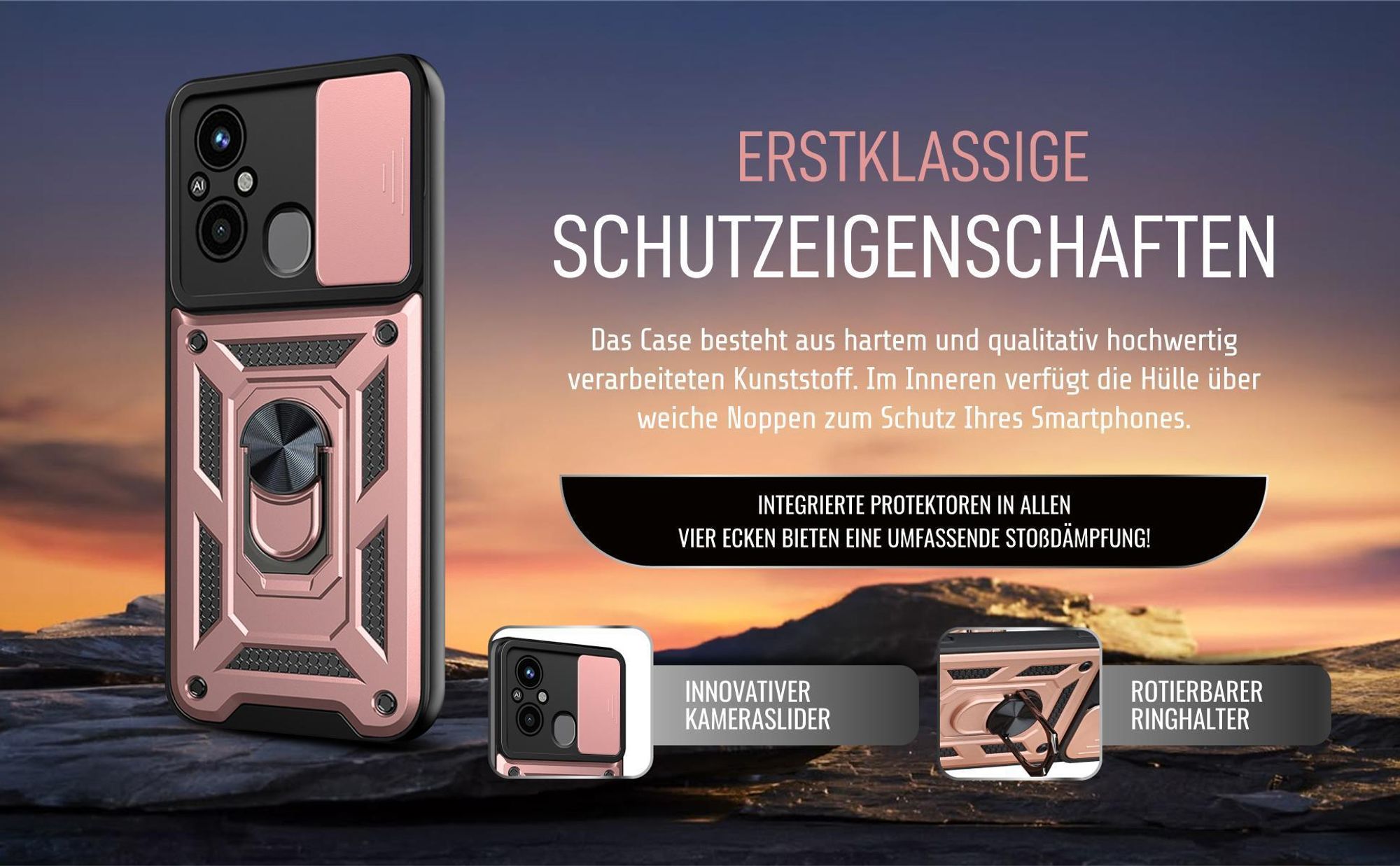 Handycase in Rosegold für Xiaomi Redmi 12C mit Ringhalter