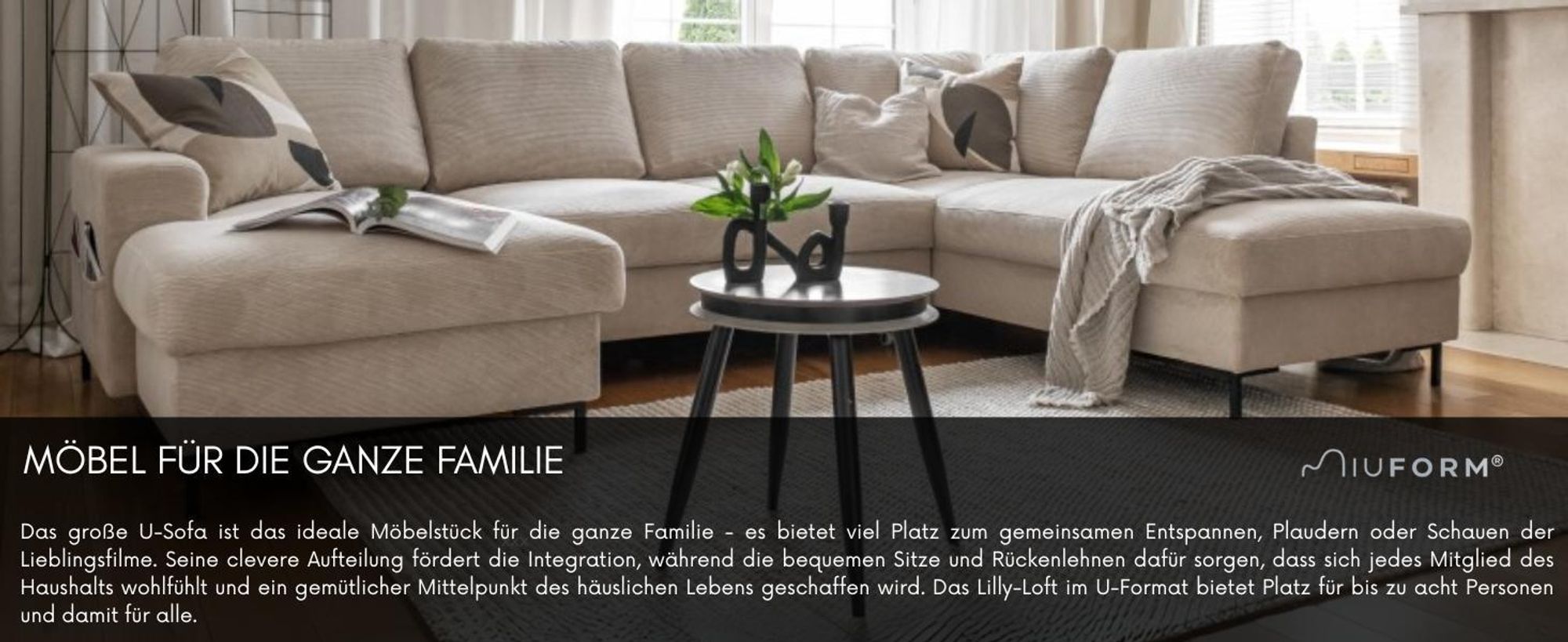 MIUFORM Lofty Lilly - Ecksofa mit Bettfunktion und Bettkasten U-FORM RECHTS - 303 x 197 cm - Beige - Sofa Schlafsofa Couch