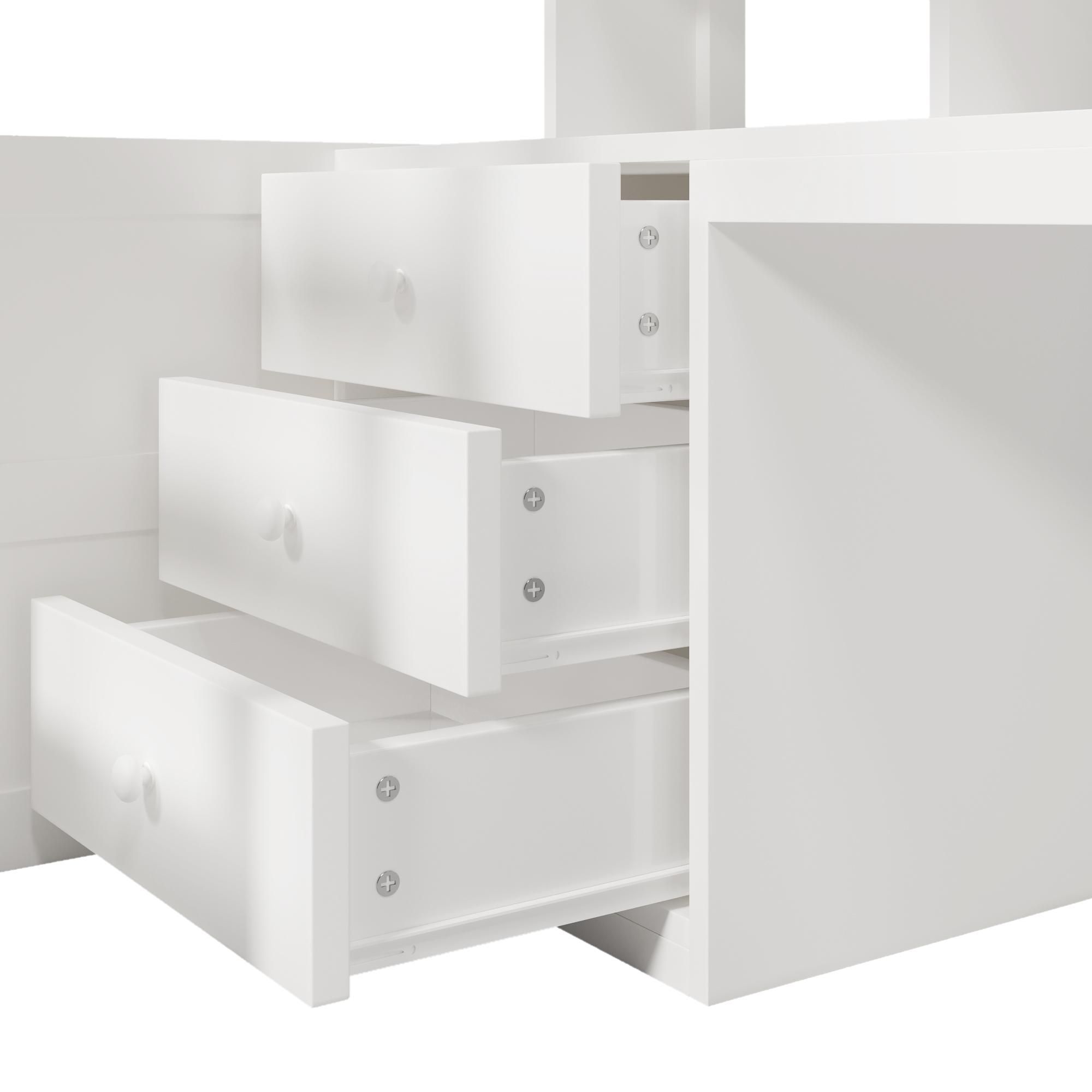 Merax Etagenbett Hochbett 90×200 cm, LED-Beleuchtung, Kleiderschrank, Schreibtisch, Schubladen, Staufächer, Kinderbett, Stockbett, Jugendbett, Weiß
