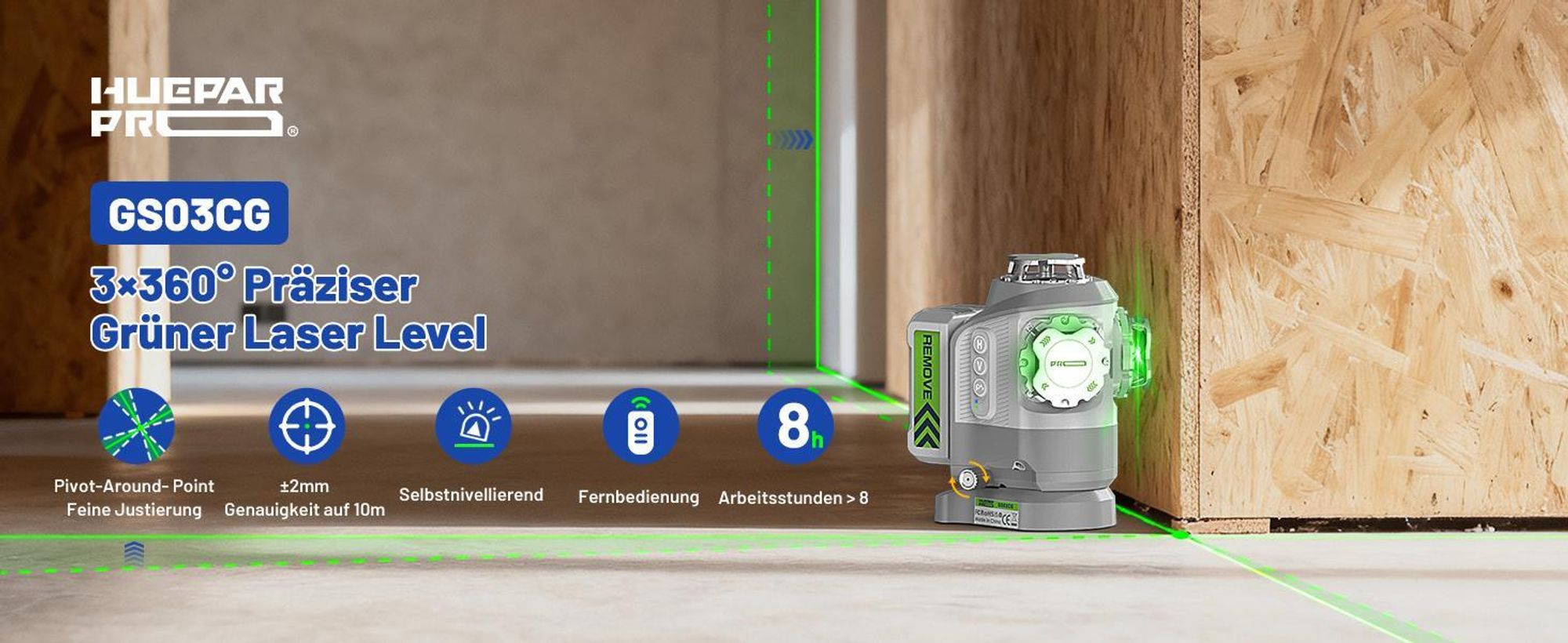 Huepar Pro GS03CG 360 stupňový krížový laser zelený, 8000mAh batéria, mikro nastavenie