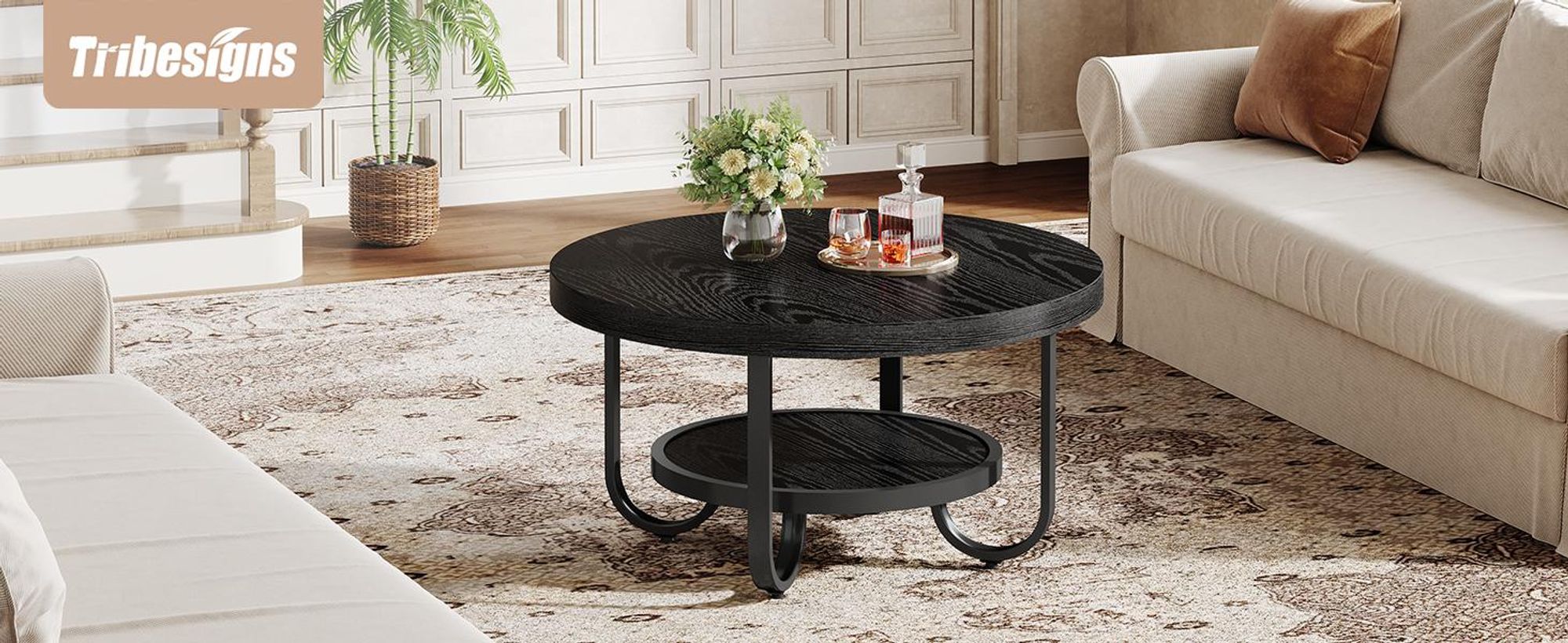 Tribesigns Runder Couchtisch, Industrial 2-stöckiger Sofatisch mit Lagerung Regale, 79 cm Mitte Tisch Sofa Beistelltisch, Schwarz
