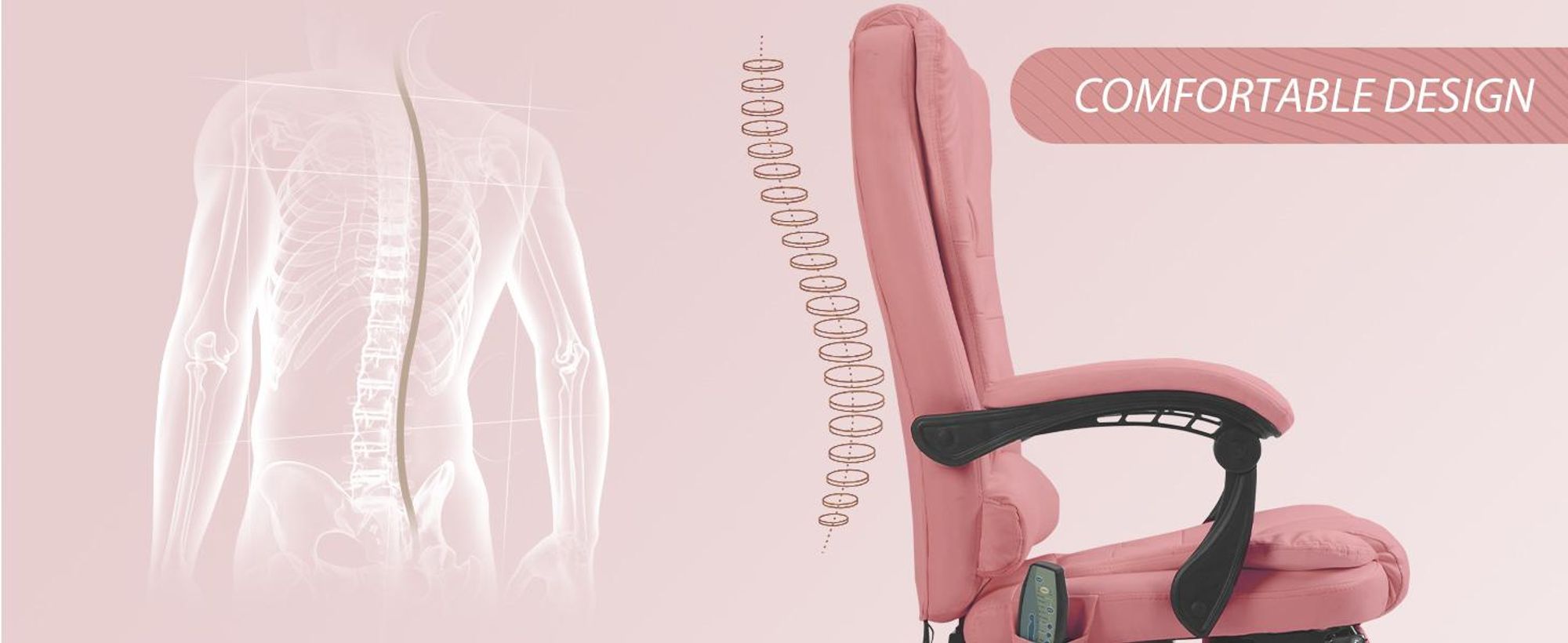 Fotel biurowy Vinsetto z funkcją masażu, ergonomiczny fotel biurowy z funkcją odchylania, obrotowy fotel biurowy z regulacją wysokości i pilotem, kieszeń boczna, sztuczna skóra, różowy