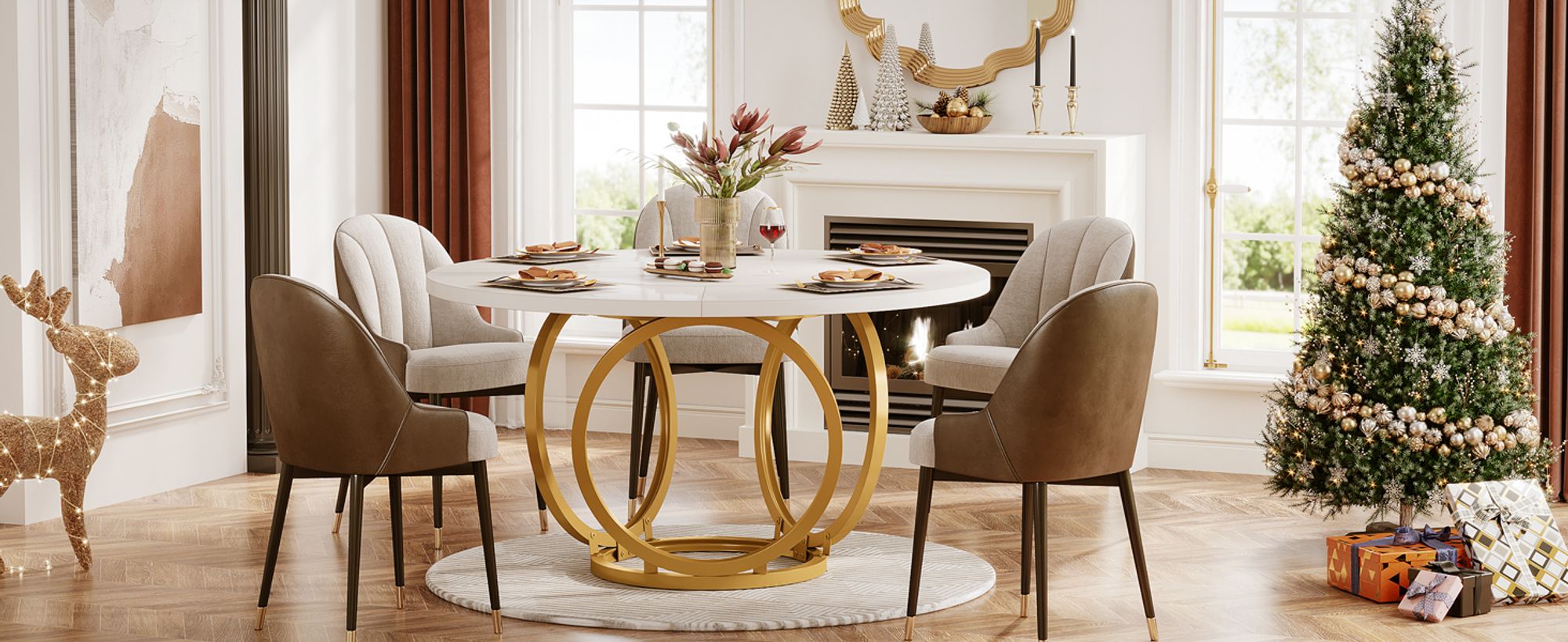 Tribesigns Runder Esstisch für 4, Weißer Küchentisch mit goldenem Metallfuß, Esstisch aus Holz, Couchtisch für Küche, Esszimmer, Café (120 * 120 cm)