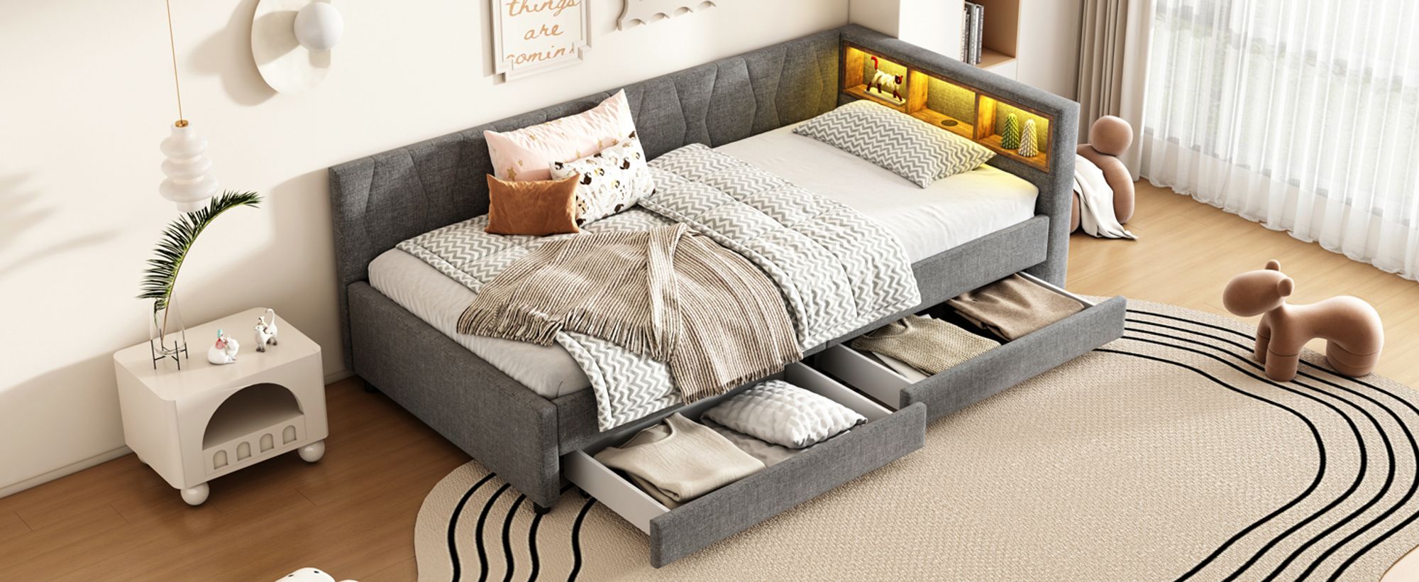 okwish Schlafsofa Tagesbett 90*200cm, Daybett- Ablagefach, USB+Typ C für LED-Umgebungslicht, Bett mit zwei Schubladen,(ohne Matratze), Grau