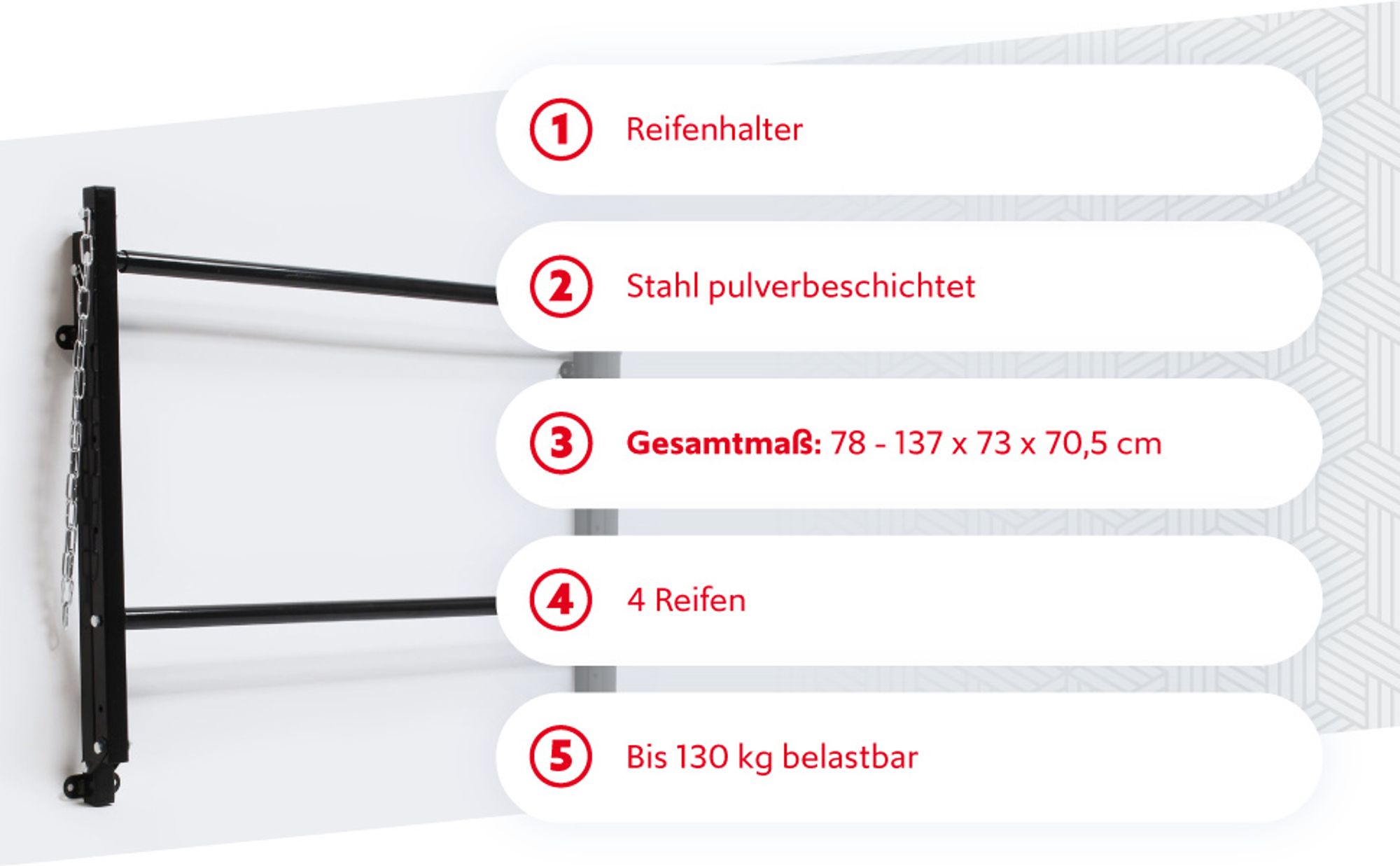 Wiltec Reifenhalter – 1370 x 730 x 705 mm, einstellbare Breite – für 4 Reifen – bis 130 kg – aus Stahl – für Wandmontage zur Lagerung von Reifen – Felgenbaum Reifenregal Felgenregal Reifenständer