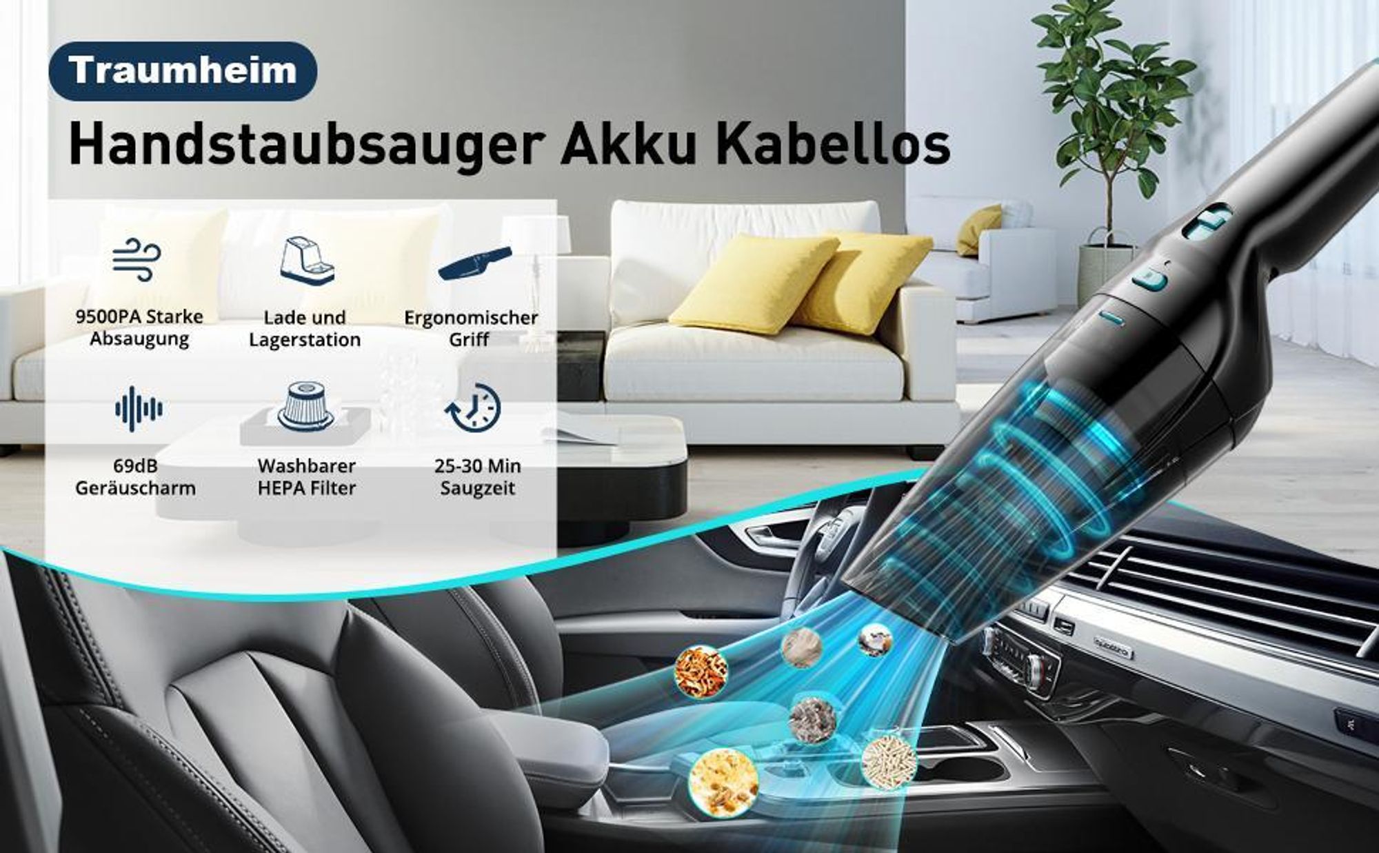 Starker kabelloser Handstaubsauger, 9500Pa Saugkraft, mit Ladestation, waschbarer HEPA-Filter, für Auto, Haus, Tierhaare