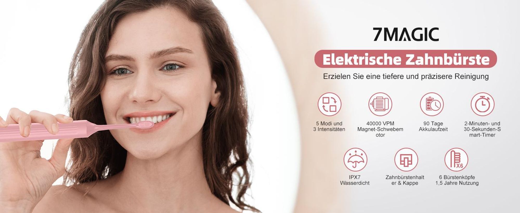 7Magic Elektrische Schallzahnbürste, Deep Clean Modi, 6 Bürstenköpfe, schnelle Aufladung für 60 Tage&40000 VPM, 5 Modi, Erwachsene und Kinder, Rosa