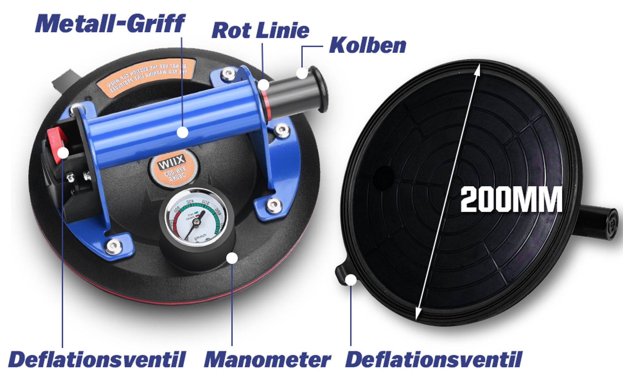 2X 8'' Saugheber Glasheber Metallgriff mit Manometer Max. 360kg, Vakuum Saugnapf Fliesenheber, Glassauger Saughalter für Fliesen,Glas,Metalle,Marmor