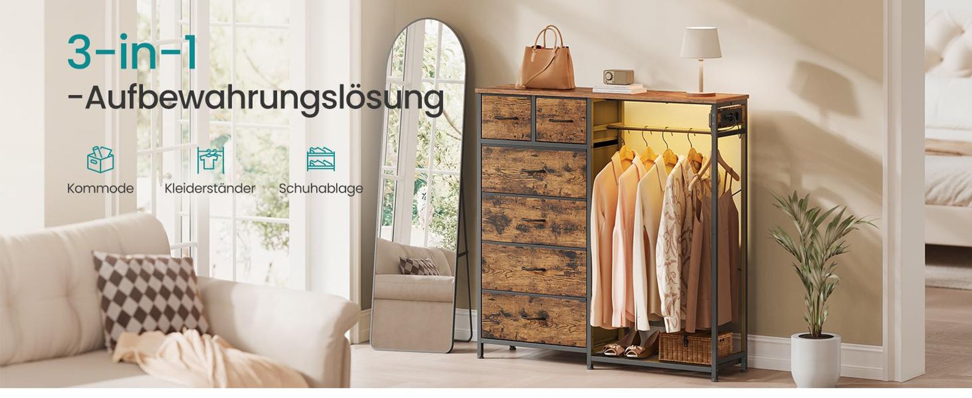 SONGMICS Kleiderständer mit 6 Schubladen, LED-Licht, Steckdosen und Schuhablage, 102,7 x 35 x 117,6 cm, Braun