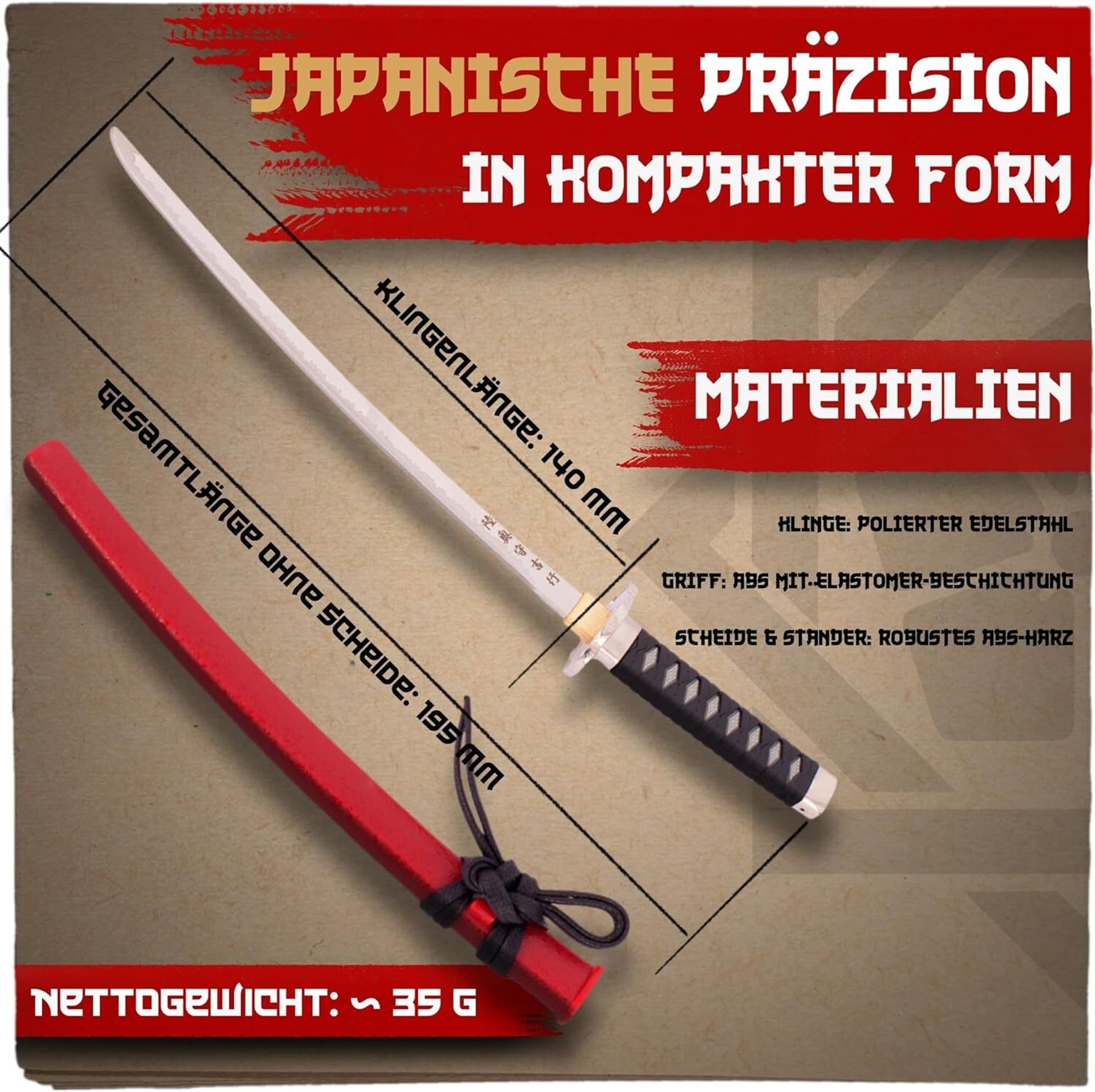 Brieföffner Schwert – Mini Katana 20 cm – Echt scharf – Japanische Schmiedekunst aus Stahl – Handarbeit mit Ständer – Elegantes Samuraischwert MT-32R