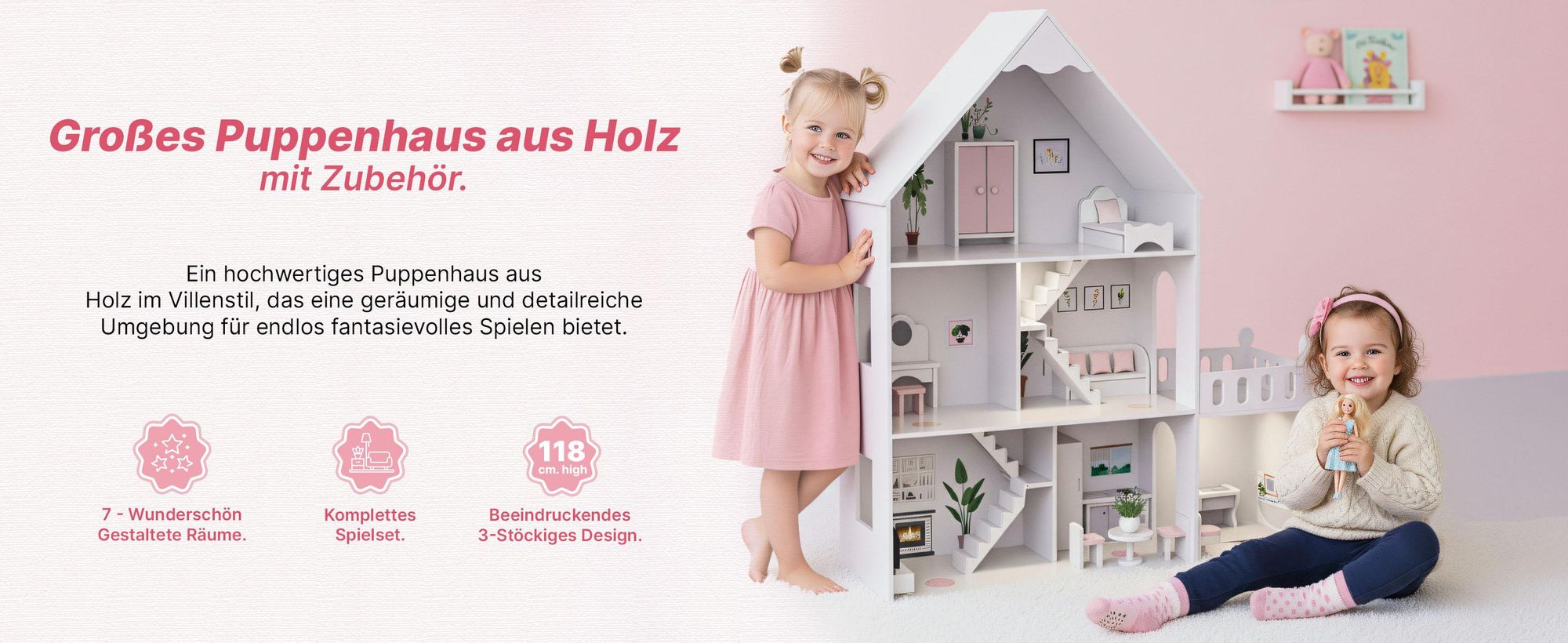 Großes Holz-Puppenhaus 118 cm mit LED und Möbeln – 3 Etagen, 7 Zimmer, Terrasse und Zubehör