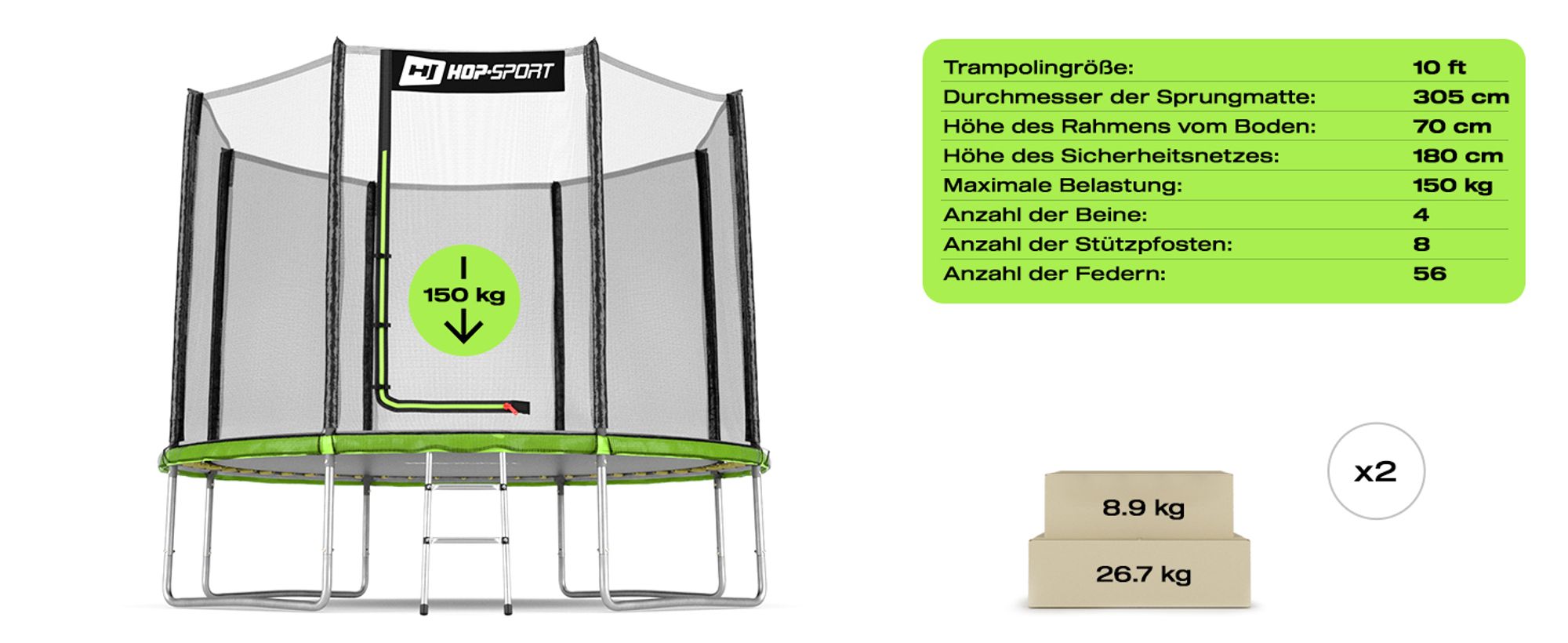 Technische Daten Trampolin Outdoor Gartentrampolin 305cm 10FT Hop-Sport