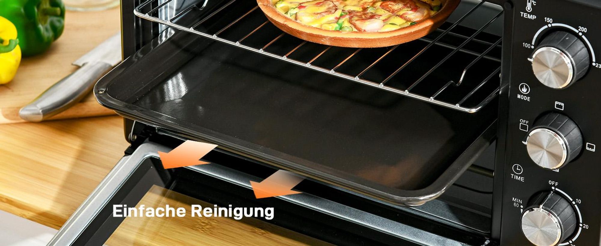 Homcom Minibackofen 32L 1600W Elektrischer Mini Ofen mit Schlackenauffangwanne Metall Edelstahl Glas Silber 52,2 x 38,1 x 33,5 cm, 32 l, Silber, Freistehend, Drehregler, 6 Scheibe(n), 100 - 230 °C