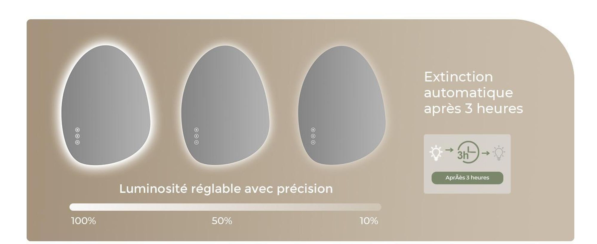 S'AFIELINA Miroir de salle de bain, Interrupteur LED tactile, Asymétrique, 3 couleurs de lumière réglables, anti-buée et fonction mémoire, 75×55cm